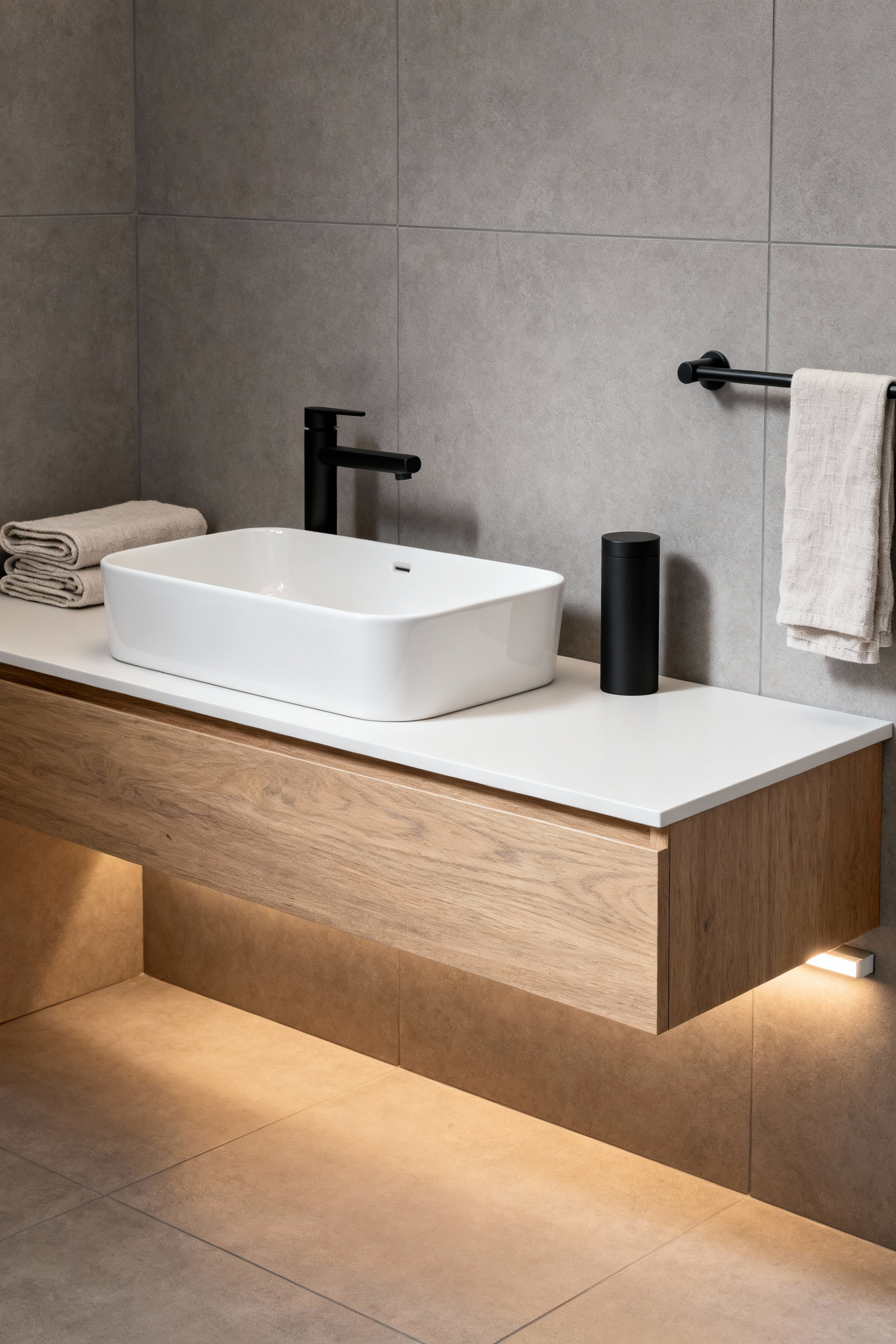 A modern minimalist bathroom featuring a white floating vanity, large matte gray tiles, and a prominent wall-mounted matte black faucet illustrating contemporary design touchpoints.