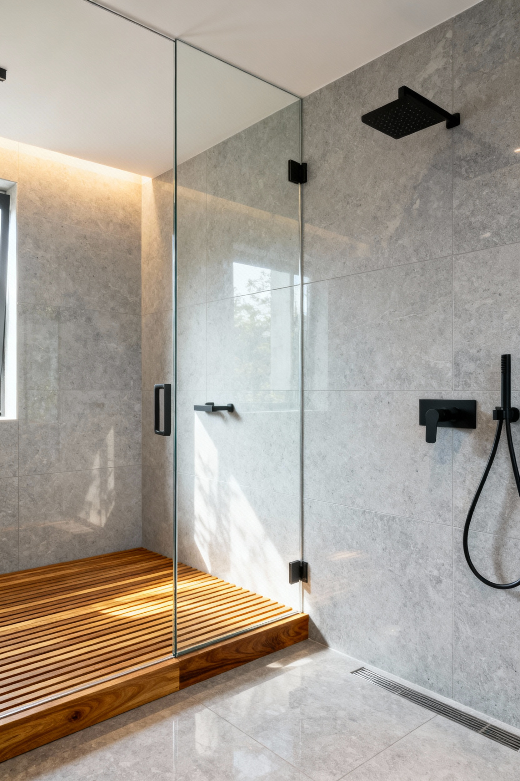 A modern minimalist bathroom walk-in shower featuring a warm teak wood slat platform contrasted against the cool tones of surrounding grey polished stone tiles.