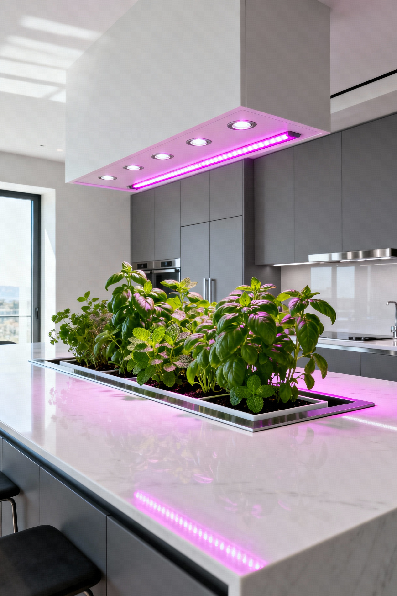 A sleek, flush-mounted hydroponic system embedded into a bright white quartz kitchen island in a modern green kitchen design. Recessed full-spectrum LED lighting highlights the vibrant green herbs within the integrated unit.
