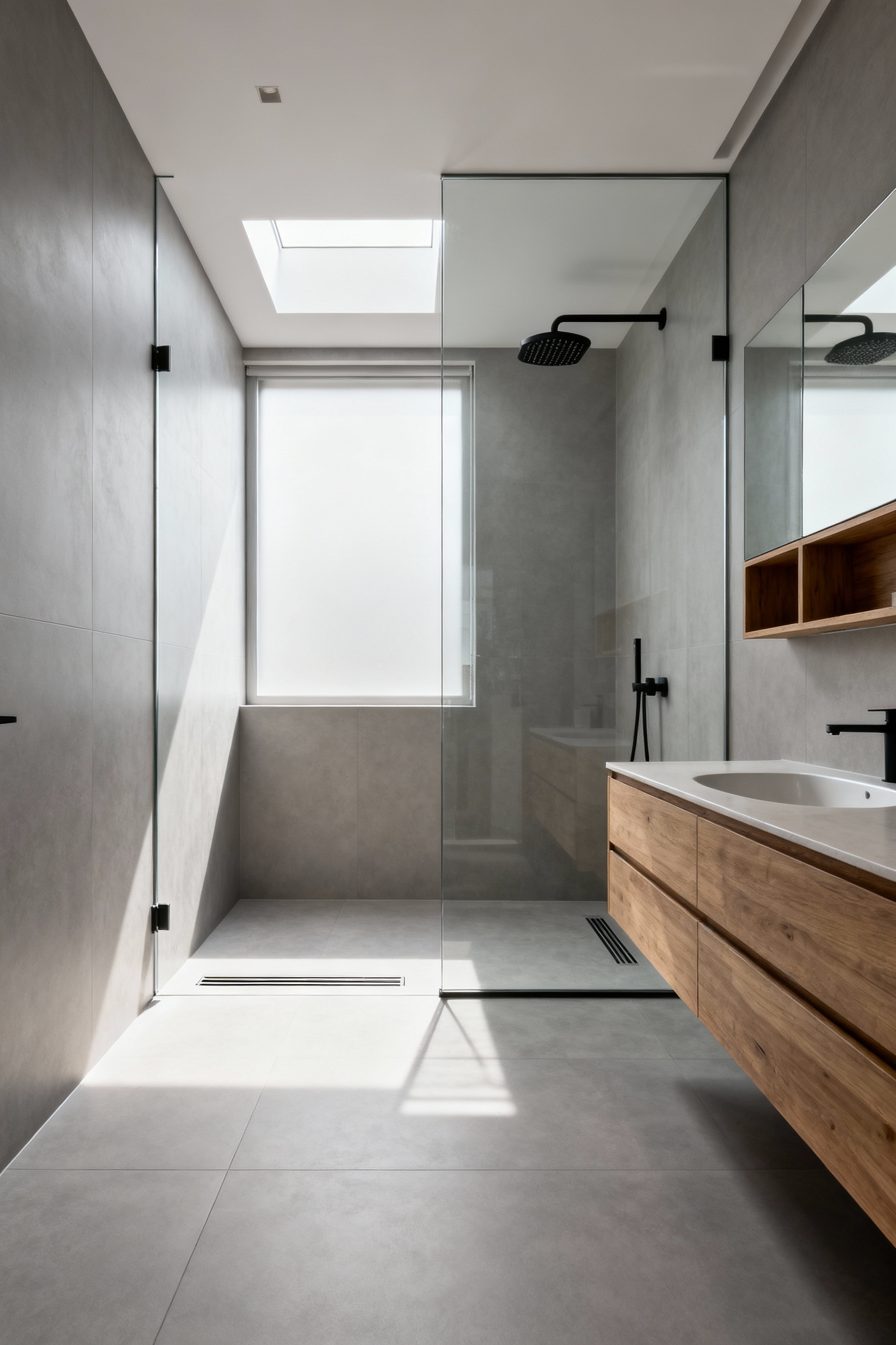 A modern curbless wet room bathroom featuring expansive large-format gray tiles that flow continuously from the floating vanity area into the open shower zone.
