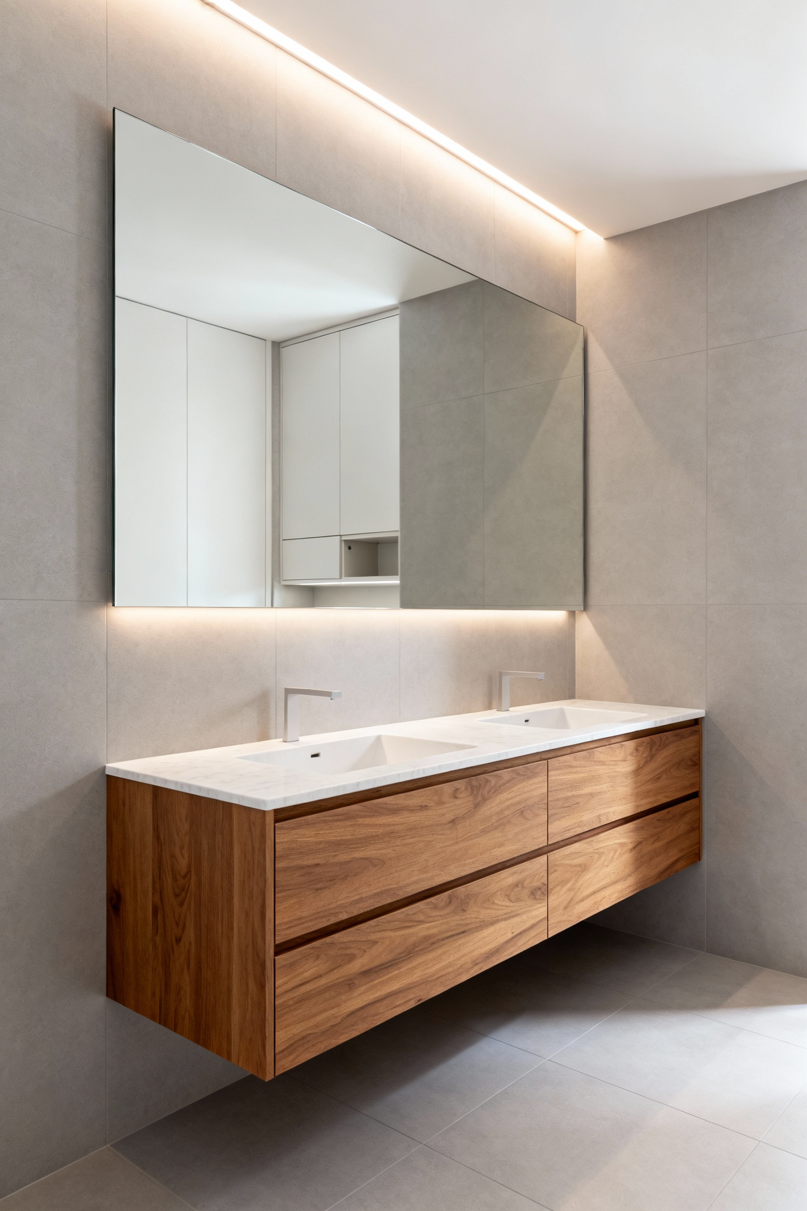 Detailed image showing a modern minimalist bathroom with zero visual clutter, focusing on concealed storage solutions like handleless floating vanity drawers and a recessed mirrored medicine cabinet.