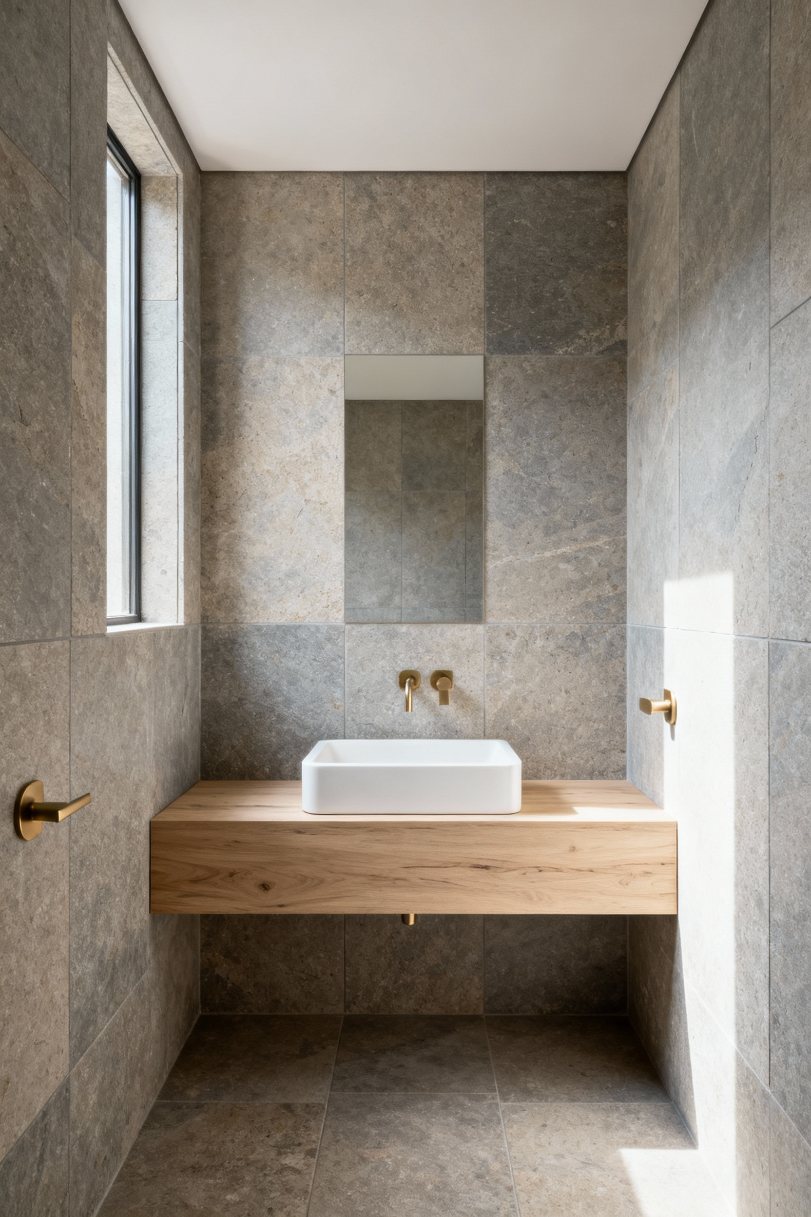 A modern spa bathroom design featuring a light-toned wood floating vanity contrasting with large-format honed natural stone tiles on the walls and floor, prioritizing matte textures.