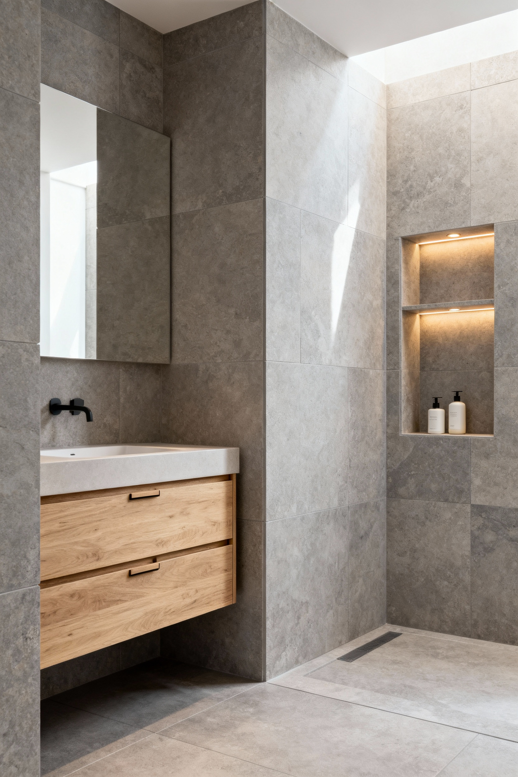 A modern, clutter-free bathroom featuring a floating light oak wood vanity, large-format gray limestone tiles, and a discreet built-in storage niche, illustrating minimalist design for relaxation.