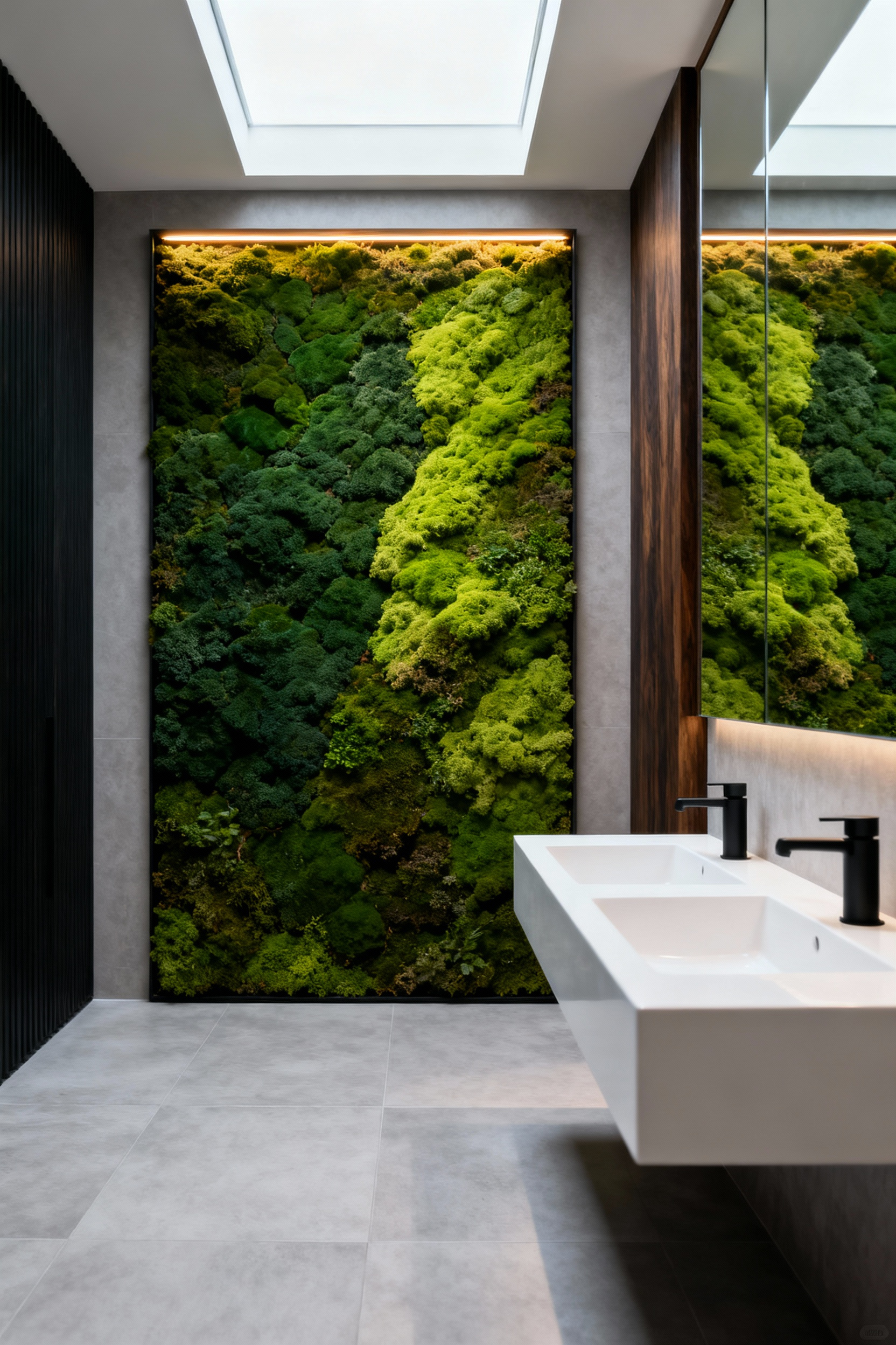 A luxurious, minimalist modern bathroom featuring a large rectangular inset wall panel composed of zero-maintenance preserved stabilized moss, softening the contrast between the white floating vanity and polished gray tile.