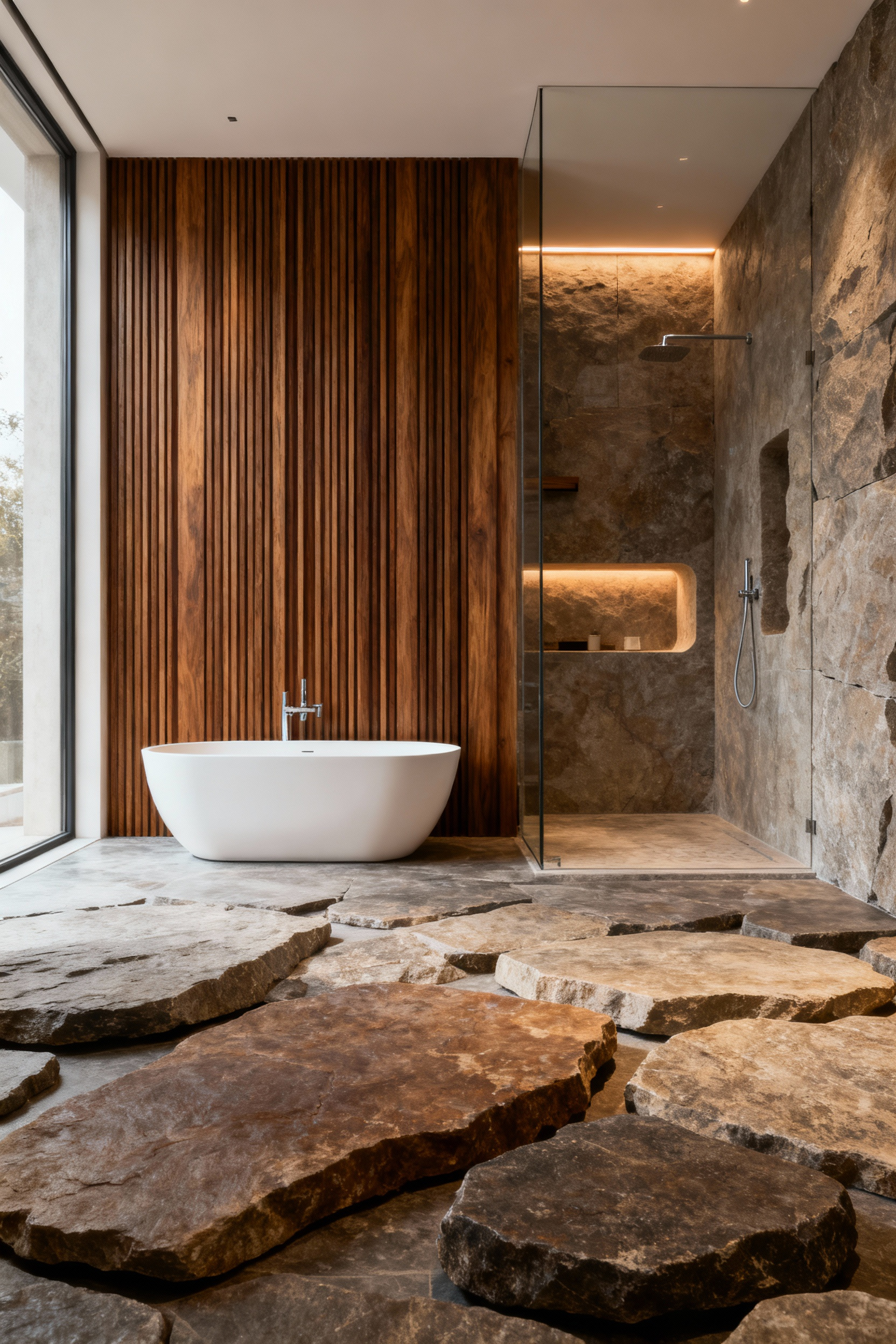 Modern spa-like bathroom interior showcasing a blend of earth tones, natural stone tiling, and warm wood slatted wall paneling next to a freestanding tub.