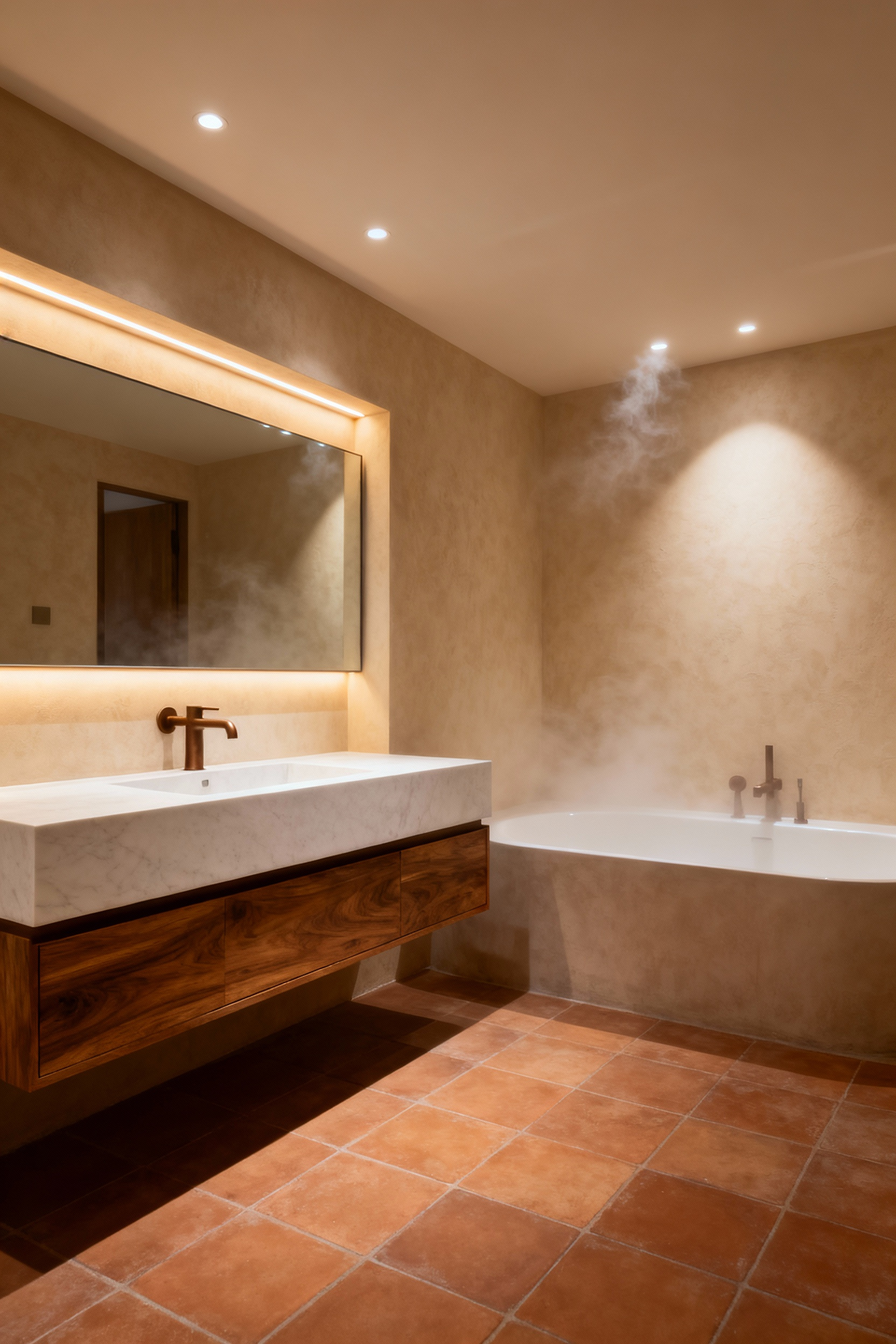 A modern, spa-like bathroom interior featuring warm beige textured walls, soft terracotta floor tiles, and a natural walnut floating vanity, illuminated by intimate, layered warm cove lighting creating a cozy, enveloped atmosphere.