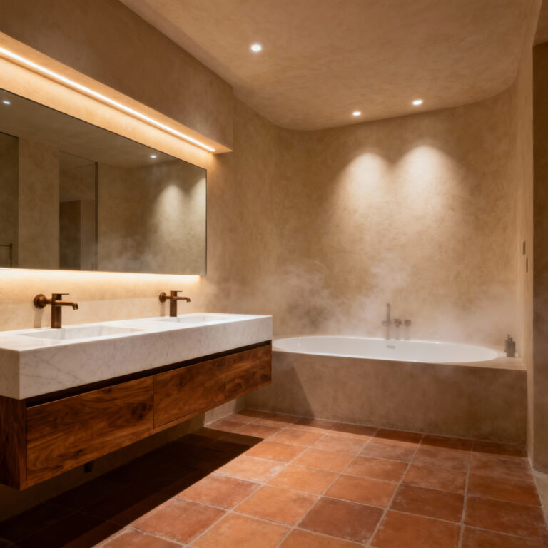 A modern, spa-like bathroom interior featuring warm beige textured walls, soft terracotta floor tiles, and a natural walnut floating vanity, illuminated by intimate, layered warm cove lighting creating a cozy, enveloped atmosphere.