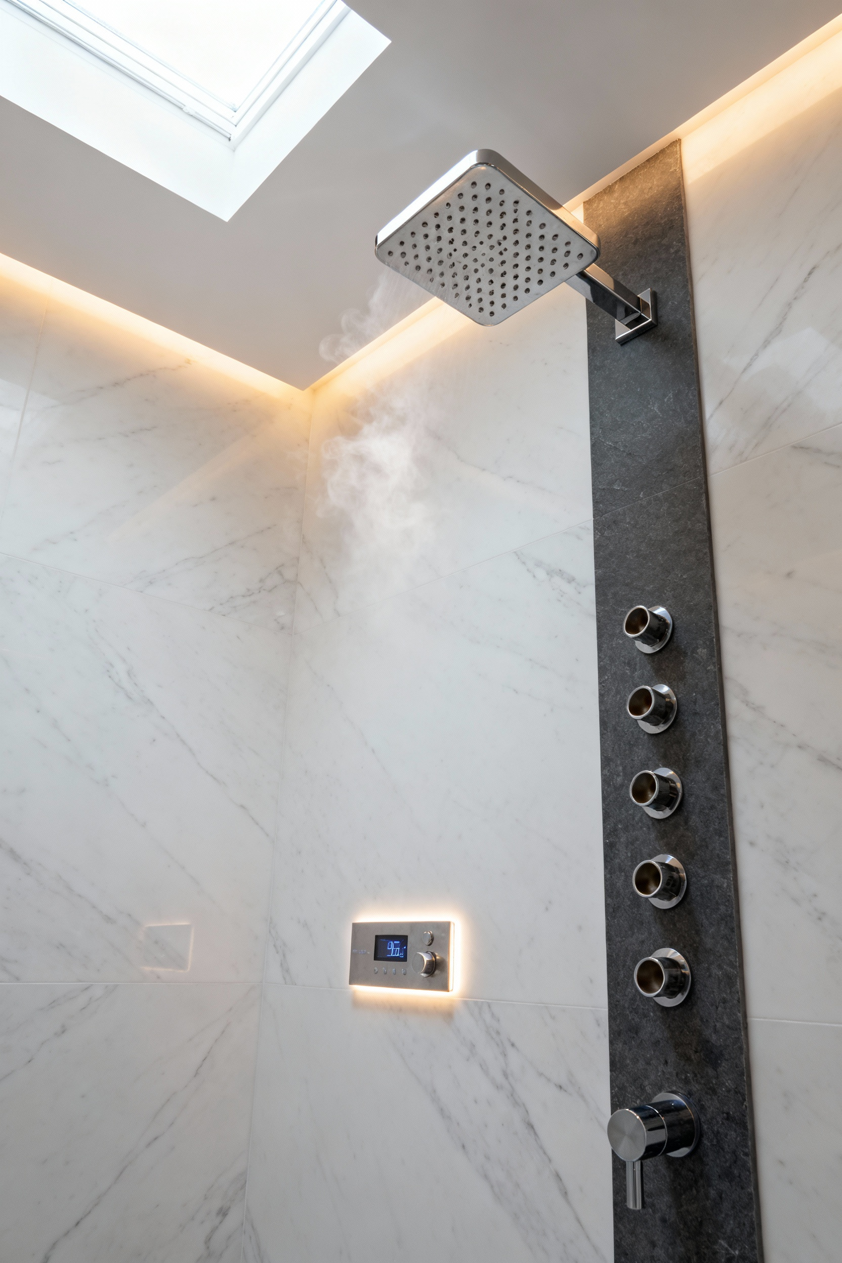 A modern hydrotherapy shower system featuring a rainfall head, body jets, and a digital thermostatic control panel set against white marble and slate walls.