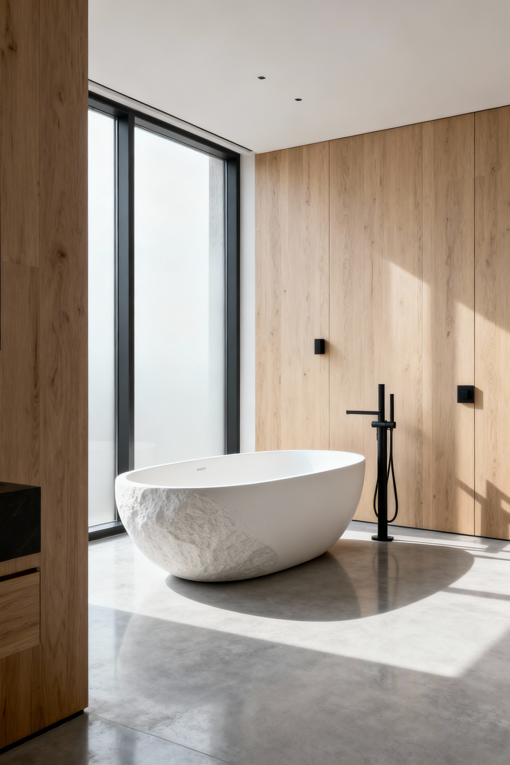 A luxurious modern bathroom featuring a central, seamless, egg-shaped matte stone resin freestanding tub against a backdrop of floor-to-ceiling windows and concrete flooring, showcasing the tub as sculptural art.