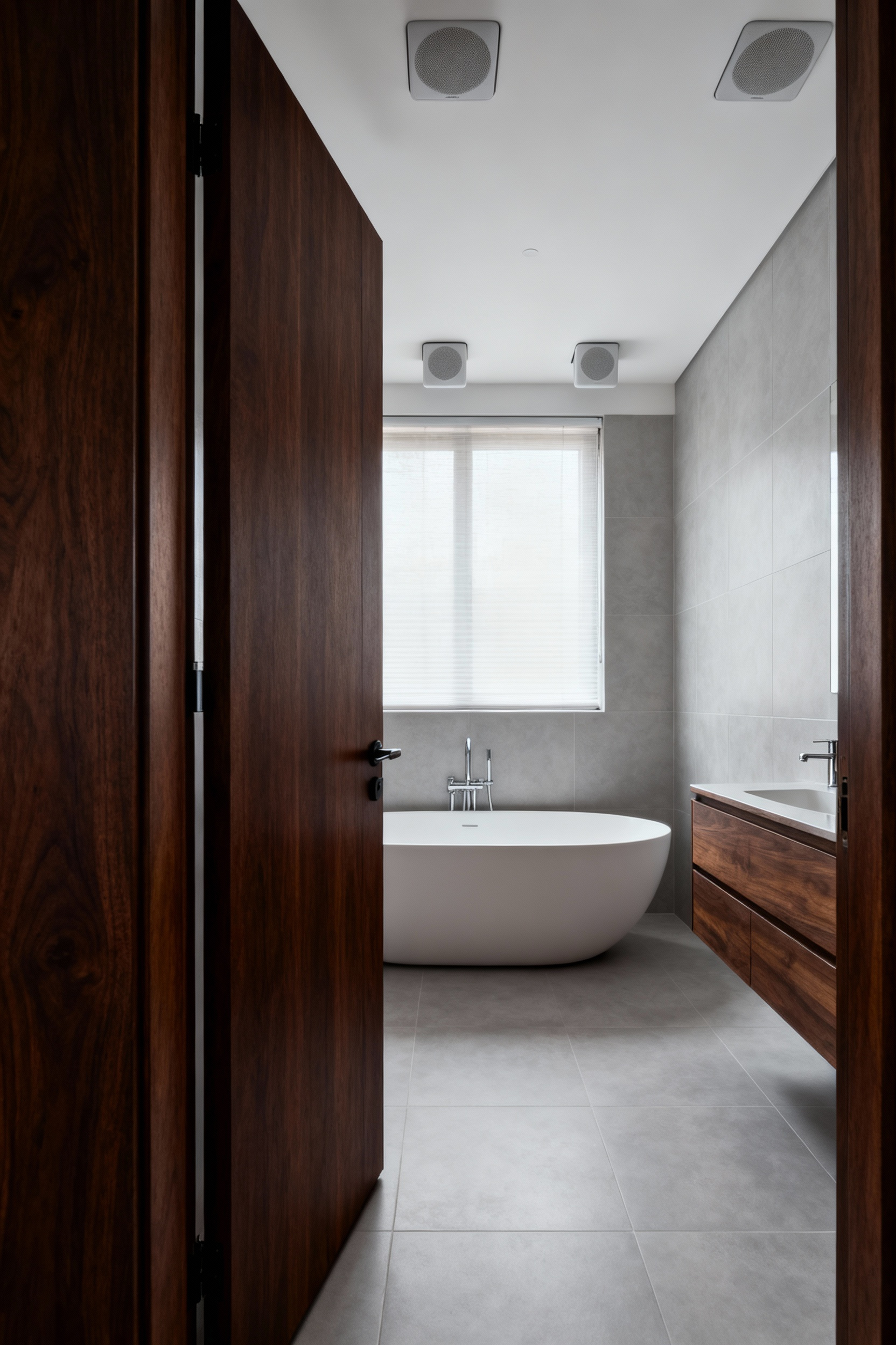 Modern soundproof bathroom design showing a substantial solid-core door entrance and integrated ceiling acoustic speakers above a white soaking tub.