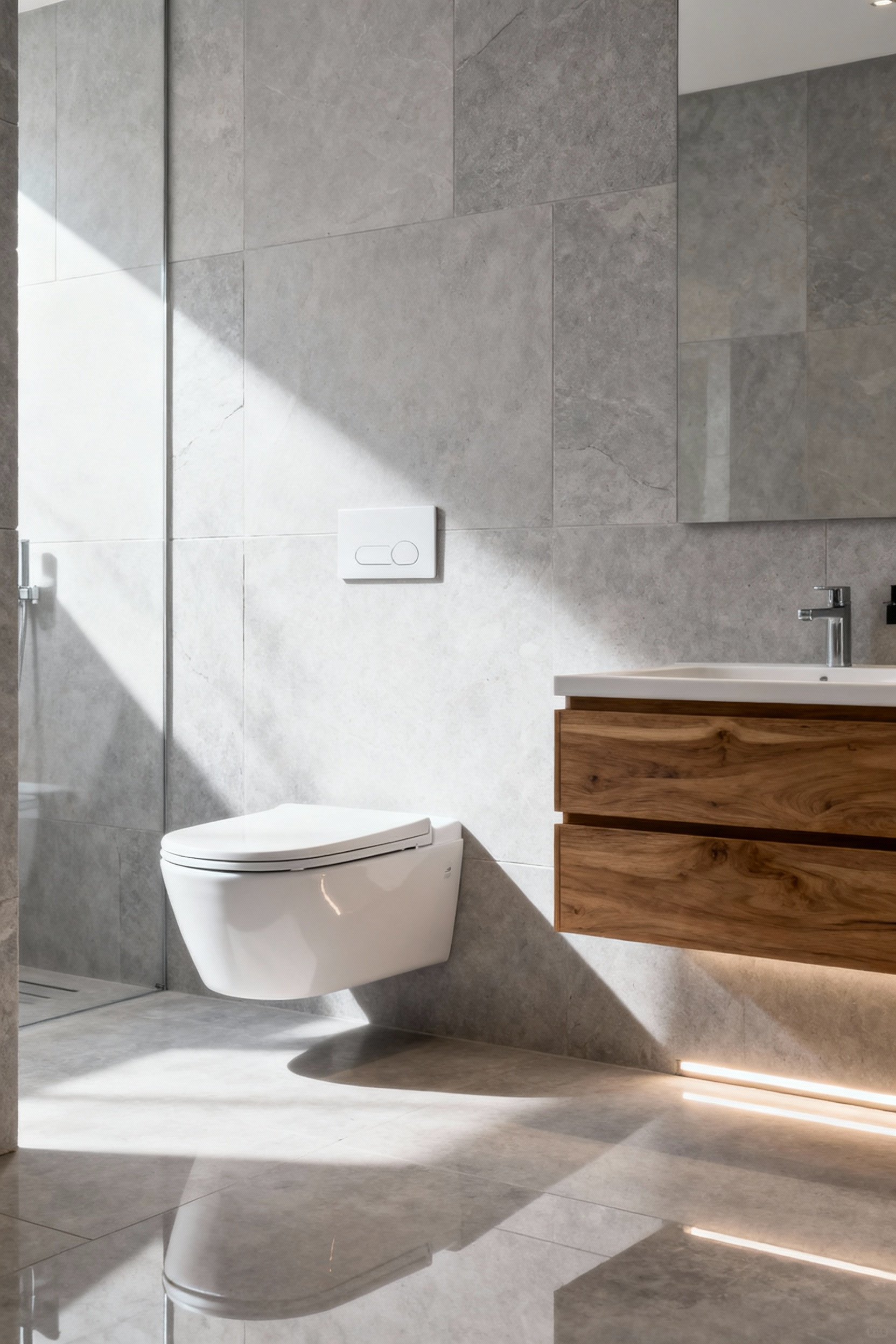 Wall-hung smart toilet with automated lid in a minimalist, modern luxury bathroom featuring light gray stone tiles and a floating teak wood vanity.