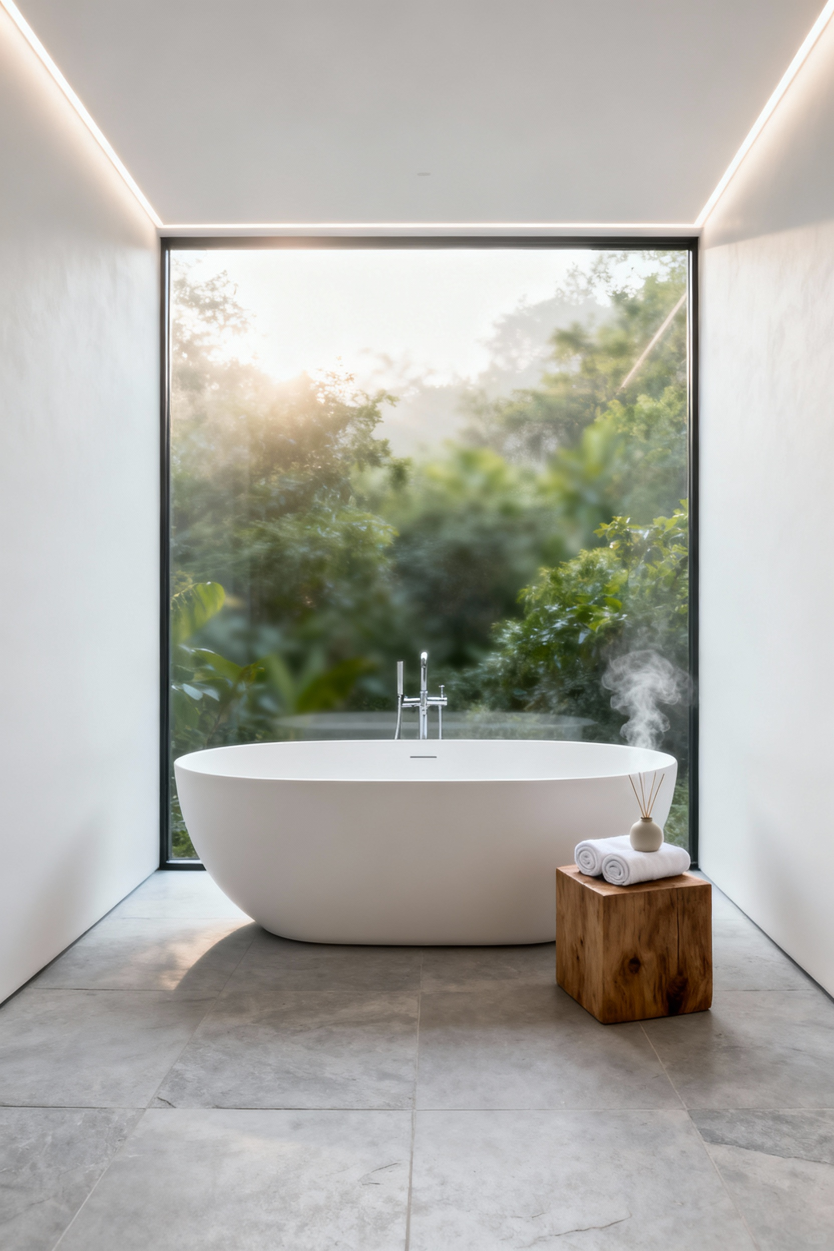 A serene, minimalist modern bathroom featuring a deep soaking tub positioned next to a large window overlooking natural greenery, illustrating the transformation of a utility space into a personal wellness sanctuary.