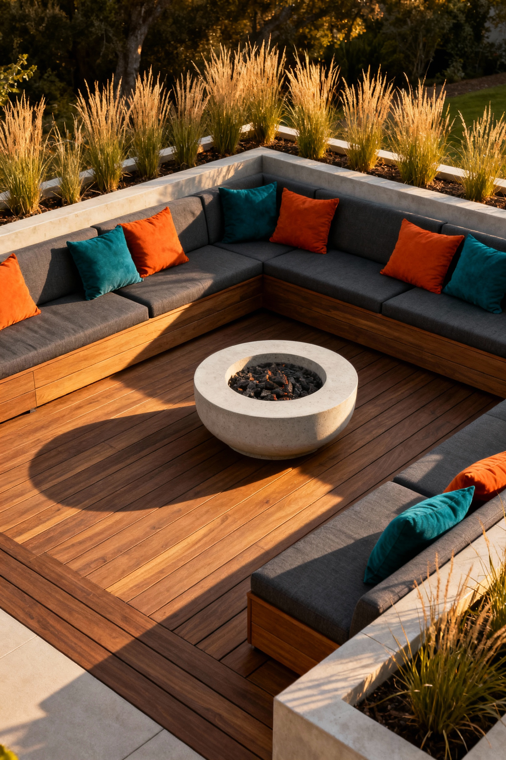 Modern composite deck setup featuring a conversation pit arrangement of charcoal modular deep seating surrounding a circular fire pit during golden hour.