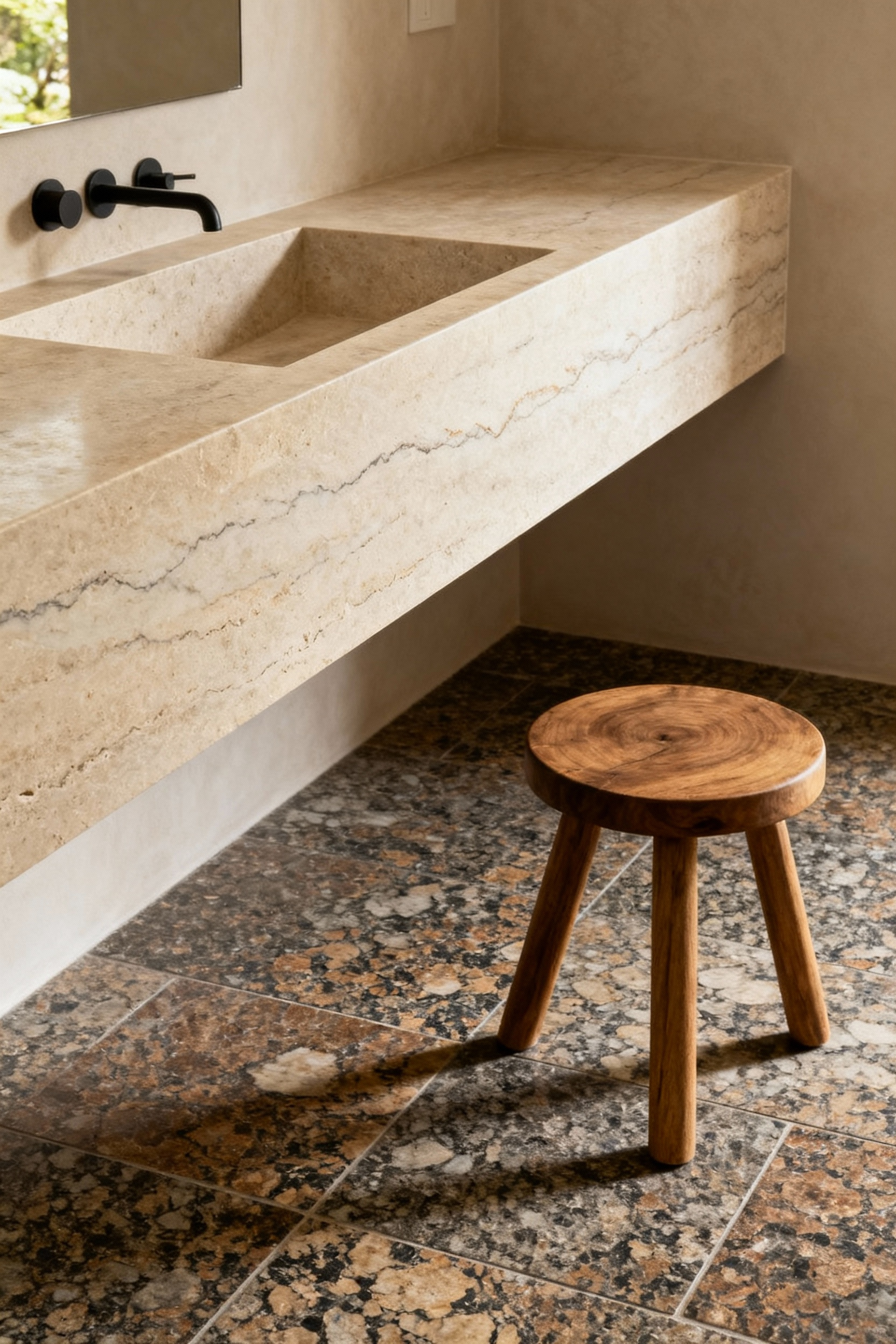 A luxurious farmhouse bathroom featuring honed limestone vanity and flamed granite flooring, showcasing elegant natural stone surfaces under soft natural light.