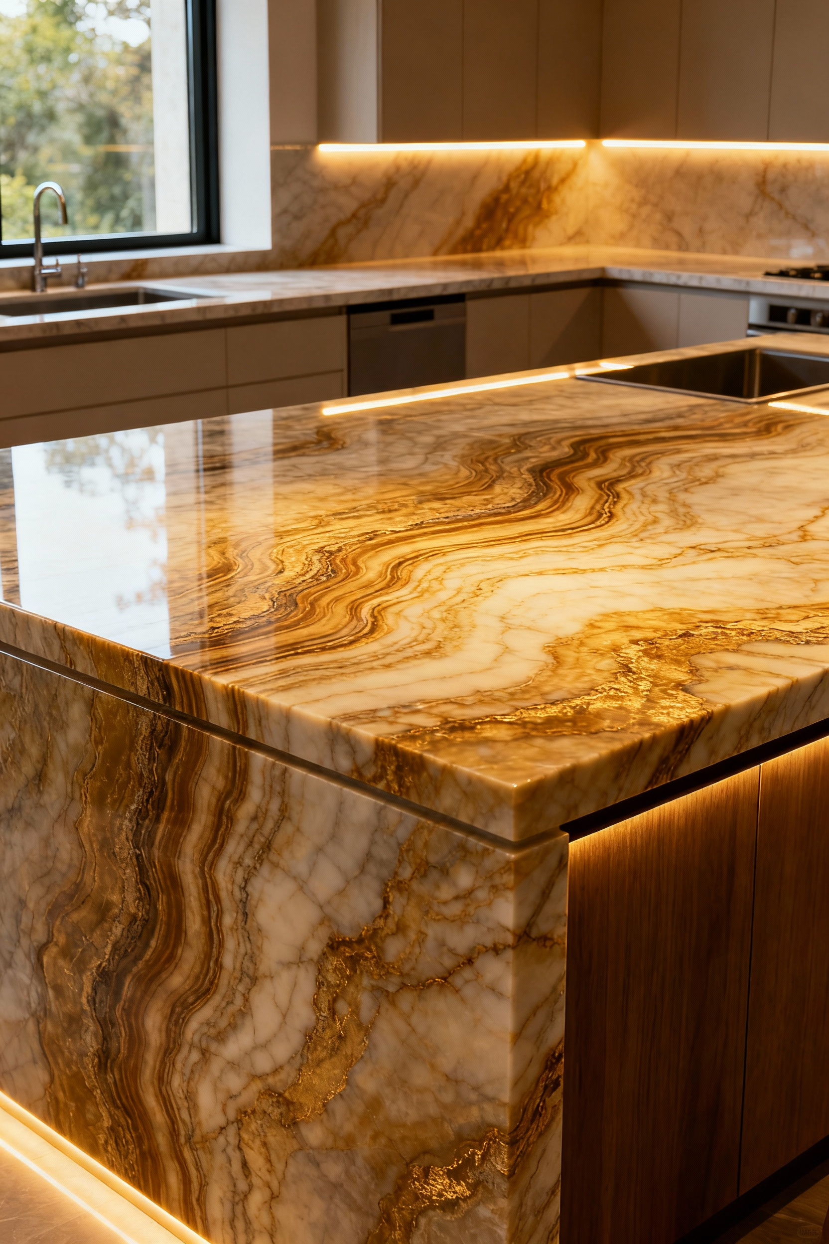 Luxury natural stone kitchen island with exquisite marbled patterns, book-matched veining, and sophisticated design, highlighting enduring elegance.