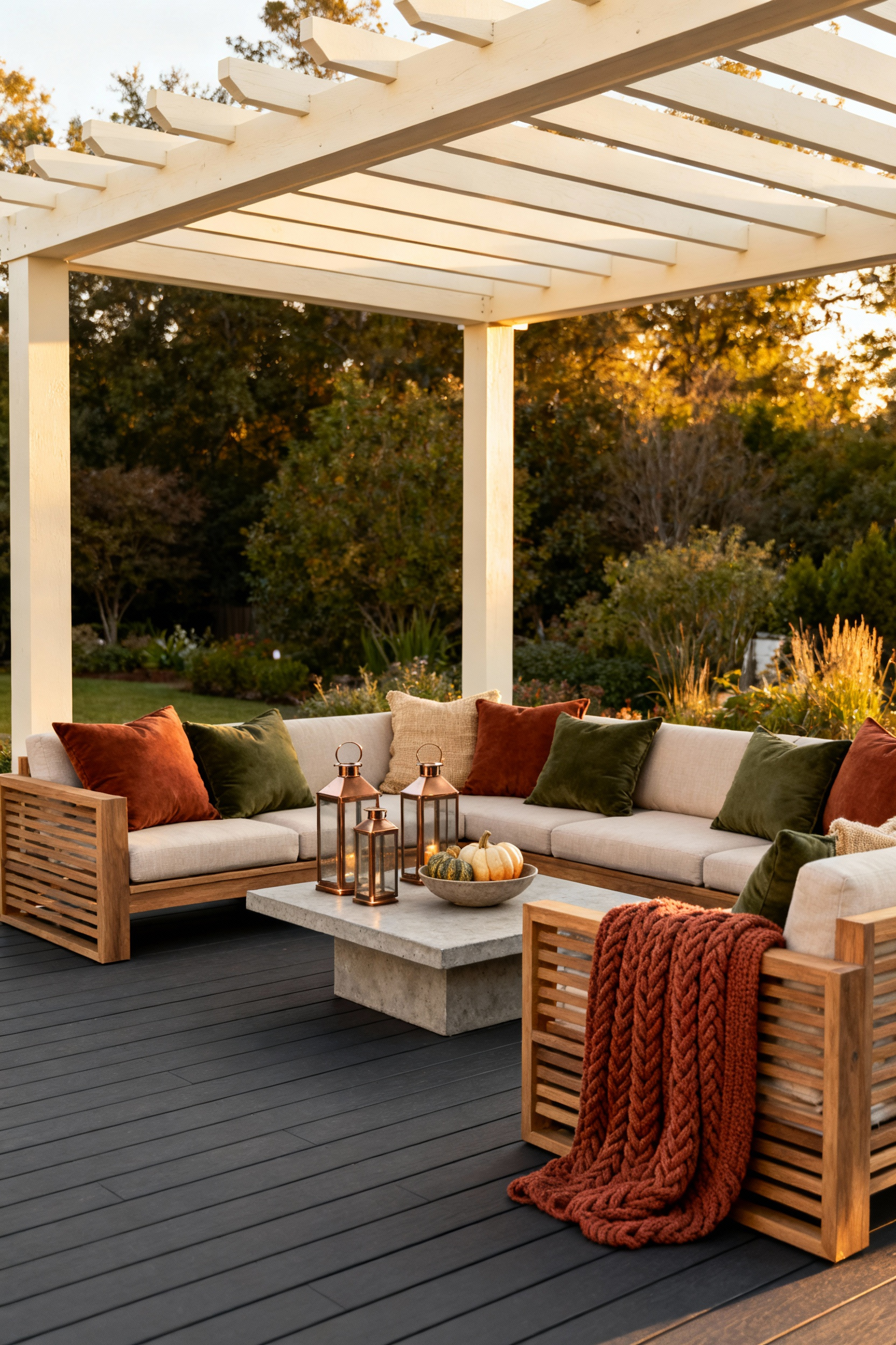 High-end outdoor deck featuring charcoal decking and a cream pergola. A modular teak sofa is accented with seasonal terracotta and olive green throw pillows, demonstrating cost-effective seasonal accessory rotation against a neutral base.