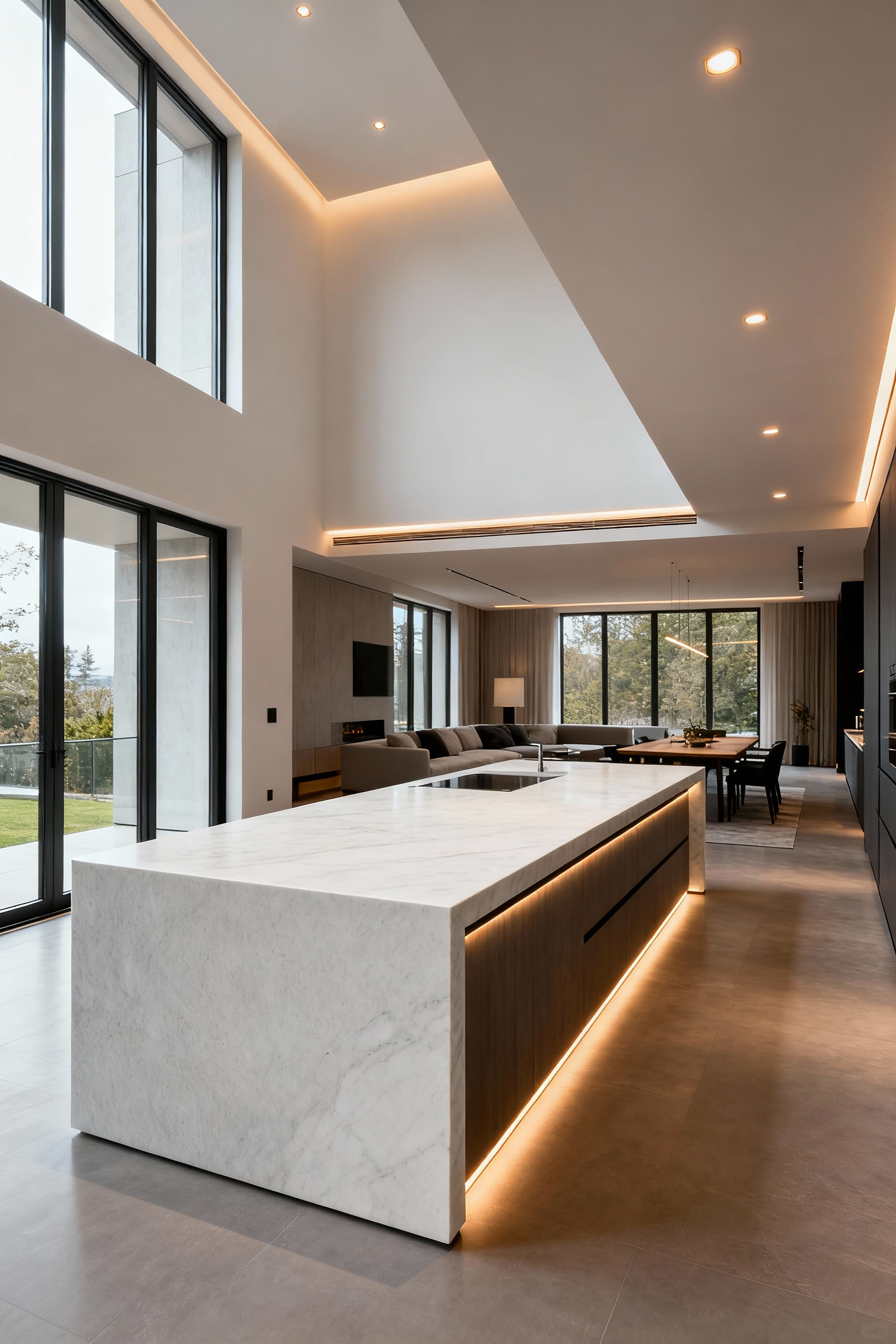 Luxurious kitchen island countertop in a modern open-plan living space, featuring a seamless material transition to the dining area. High-end natural stone with a waterfall edge creates visual continuity and elegant design in an integrated home.