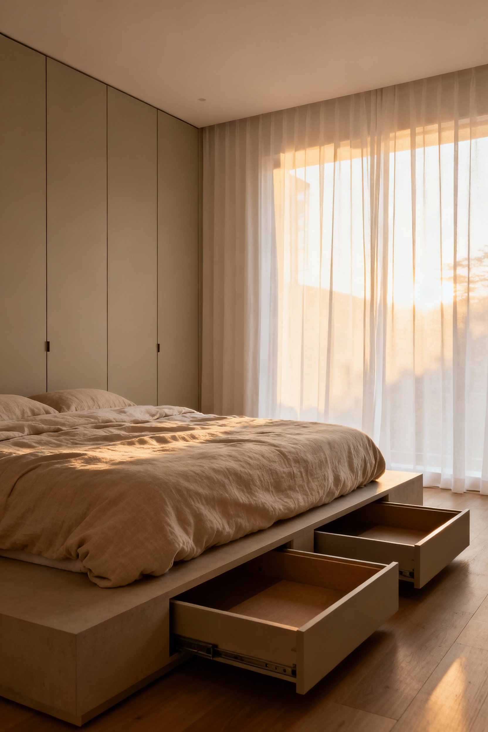 A highly organized minimalist bedroom showcasing smart, out-of-sight storage including integrated floor-to-ceiling cabinetry and under-bed drawers, designed to reduce cognitive load and promote functional peace.