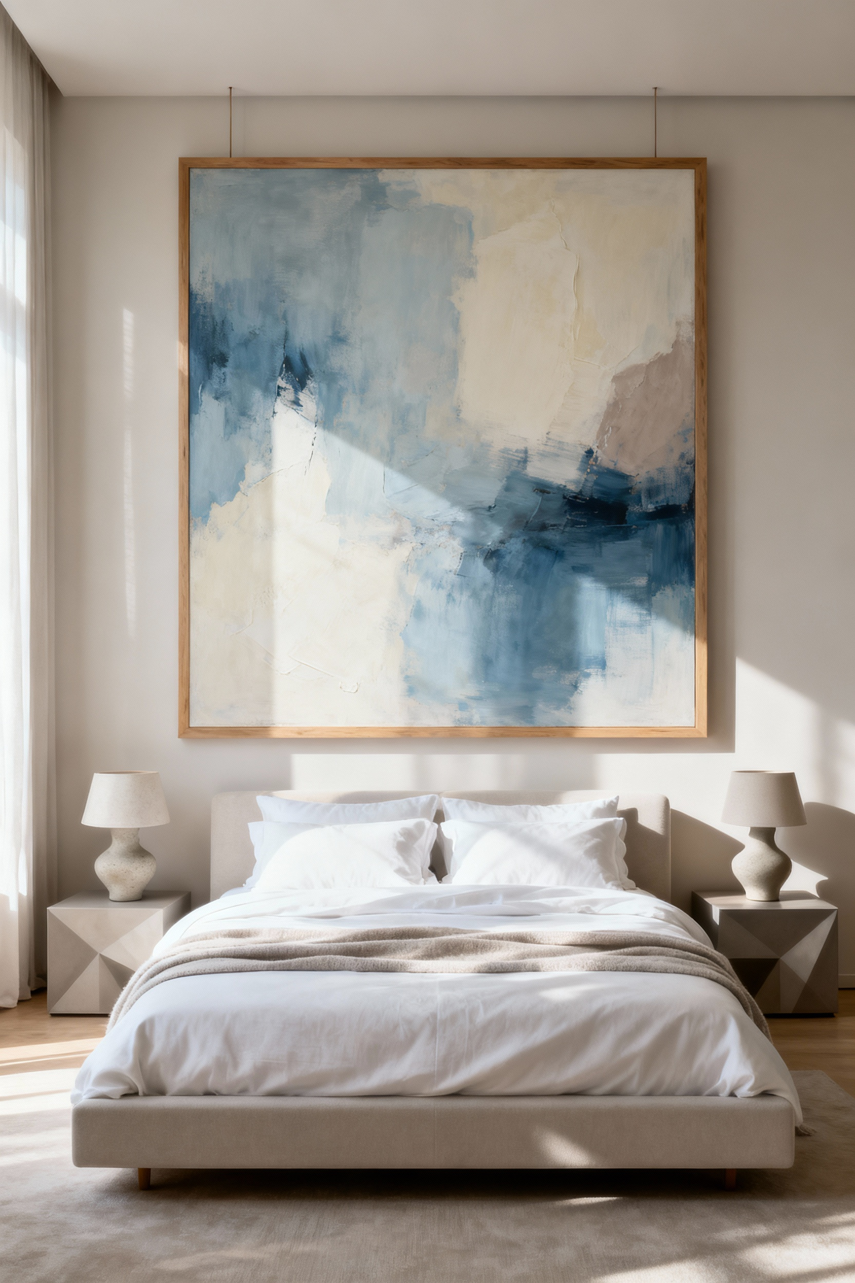 Oversized abstract art serving as a hero piece above a king bed in a minimalist, luxury bedroom, illustrating scale theory and aesthetic focus.