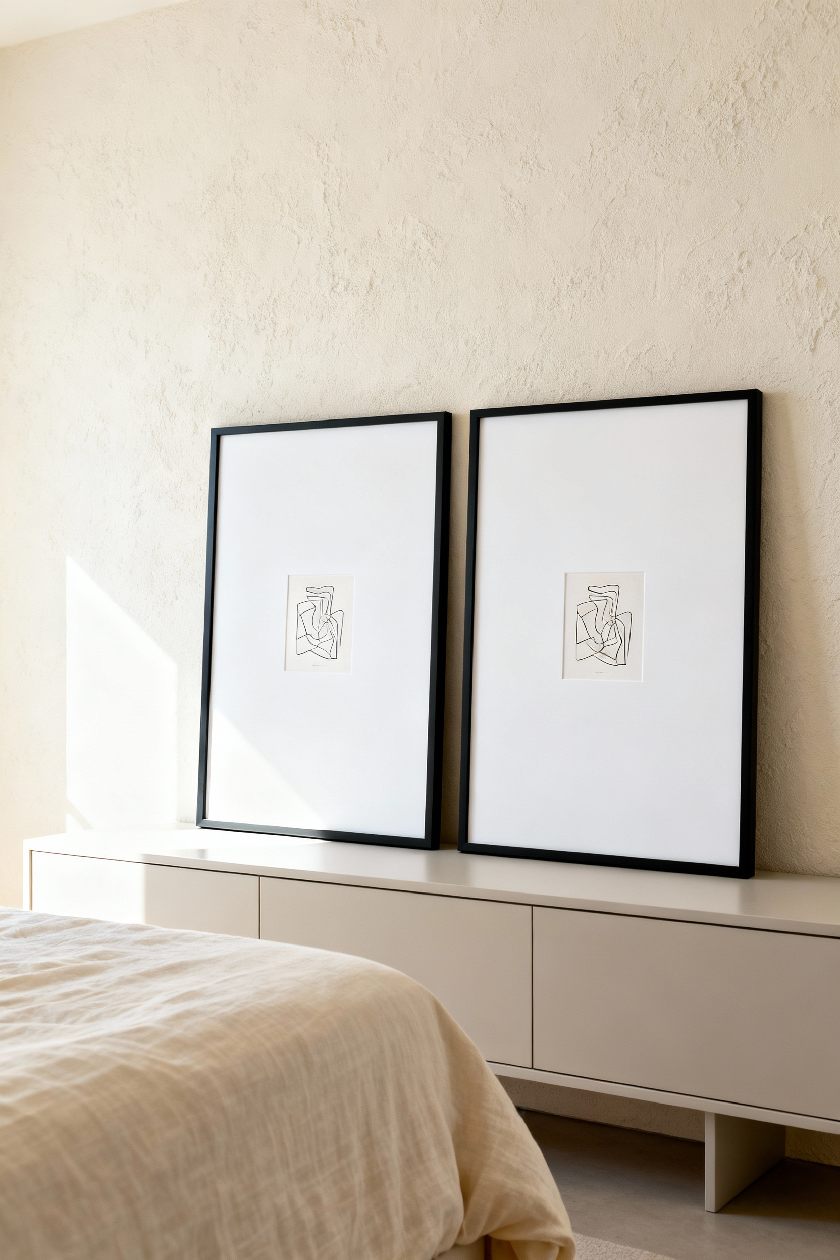 A minimalist bedroom design showing two small framed artworks displayed with exceptionally wide white matting and thin black frames above a console table.