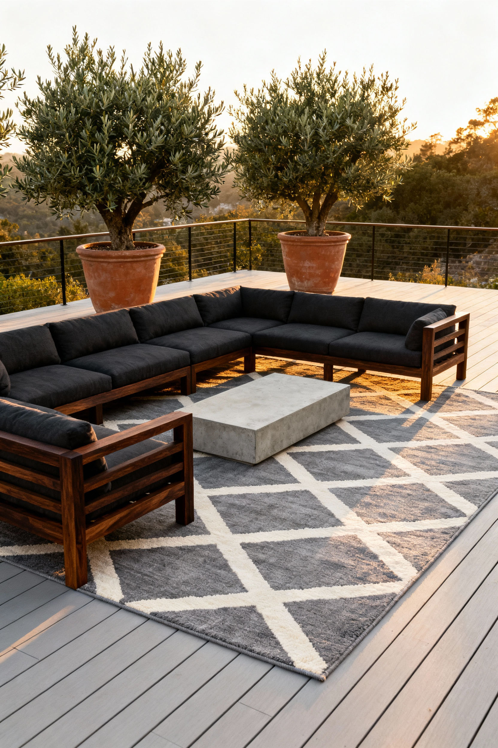Oversized geometric outdoor rug anchoring a modern charcoal and teak modular sectional sofa on a spacious deck, demonstrating proper decking decor scaling.