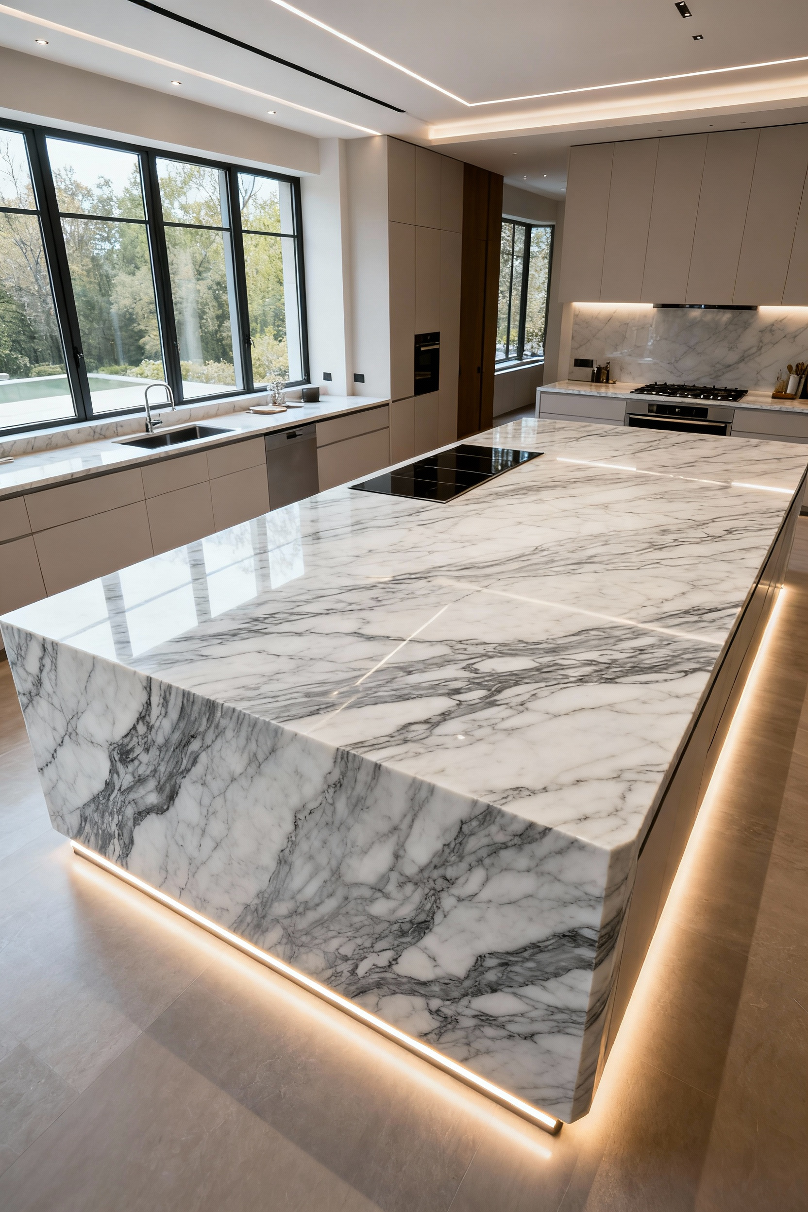 A luxurious oversized Statuario marble kitchen island countertop with dramatic grey veining, filling a modern kitchen. The seamless, expansive surface is bathed in natural light, showcasing grand design and practical elegance. No people.