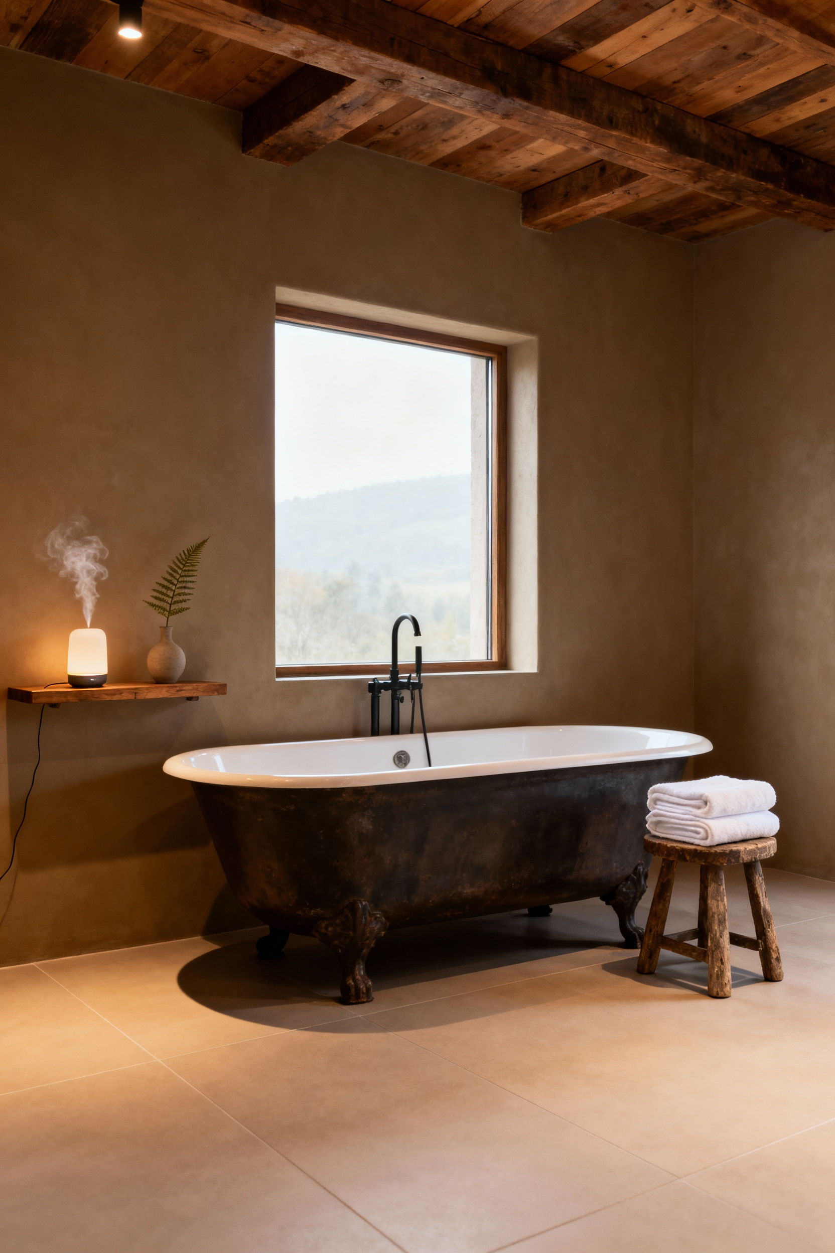 Serene farmhouse bathroom with a cast-iron tub by a window, designed for personal rituals and daily wellness practices. Features warm ambient lighting, an essential oil diffuser, and natural accents in an uncluttered setting.