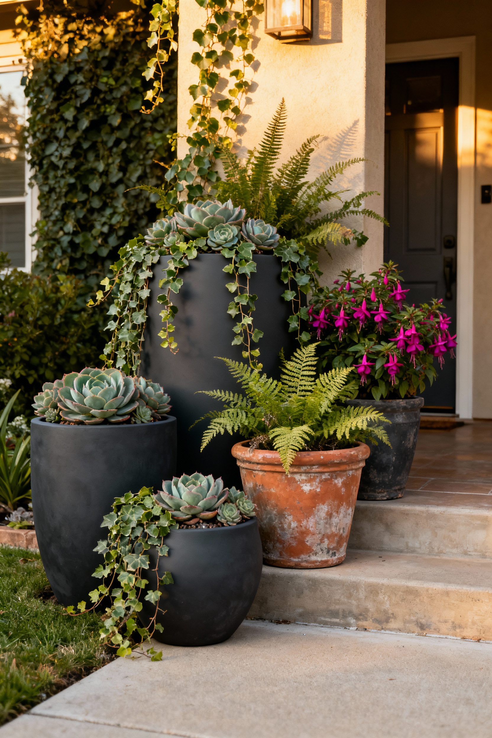 A stunning front yard features artfully arranged planter guild groupings, creating elegant micro-environments. Various sizes of planters in charcoal and terracotta hold diverse plants like succulents, ivy, and ferns, strategically positioned to enhance visual appeal under soft golden light.