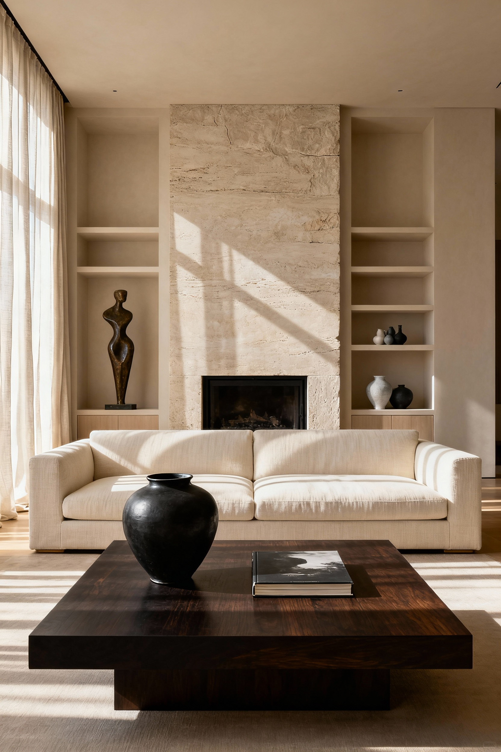 Wide photograph of a sophisticated living room showcasing extreme negative space, featuring a simple dark coffee table and curated built-in shelves to illustrate the concept of editing and omission in interior design.
