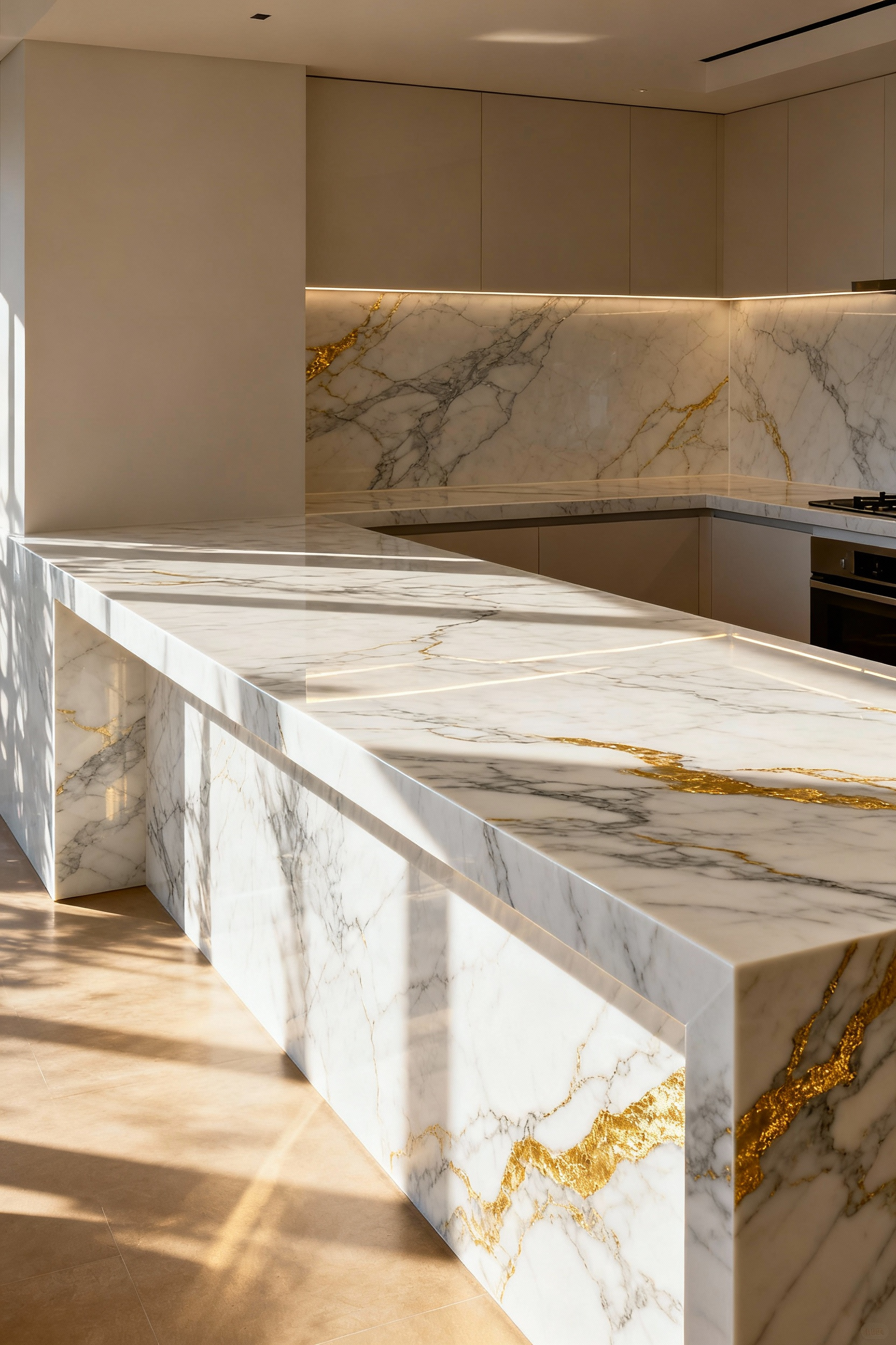 A pristine kitchen island with a large, seamless white porcelain slab countertop featuring subtle grey and gold veining and elegant waterfall edges. The porcelain extends to a matching backsplash, creating a luxurious and unified design in a bright, modern kitchen.