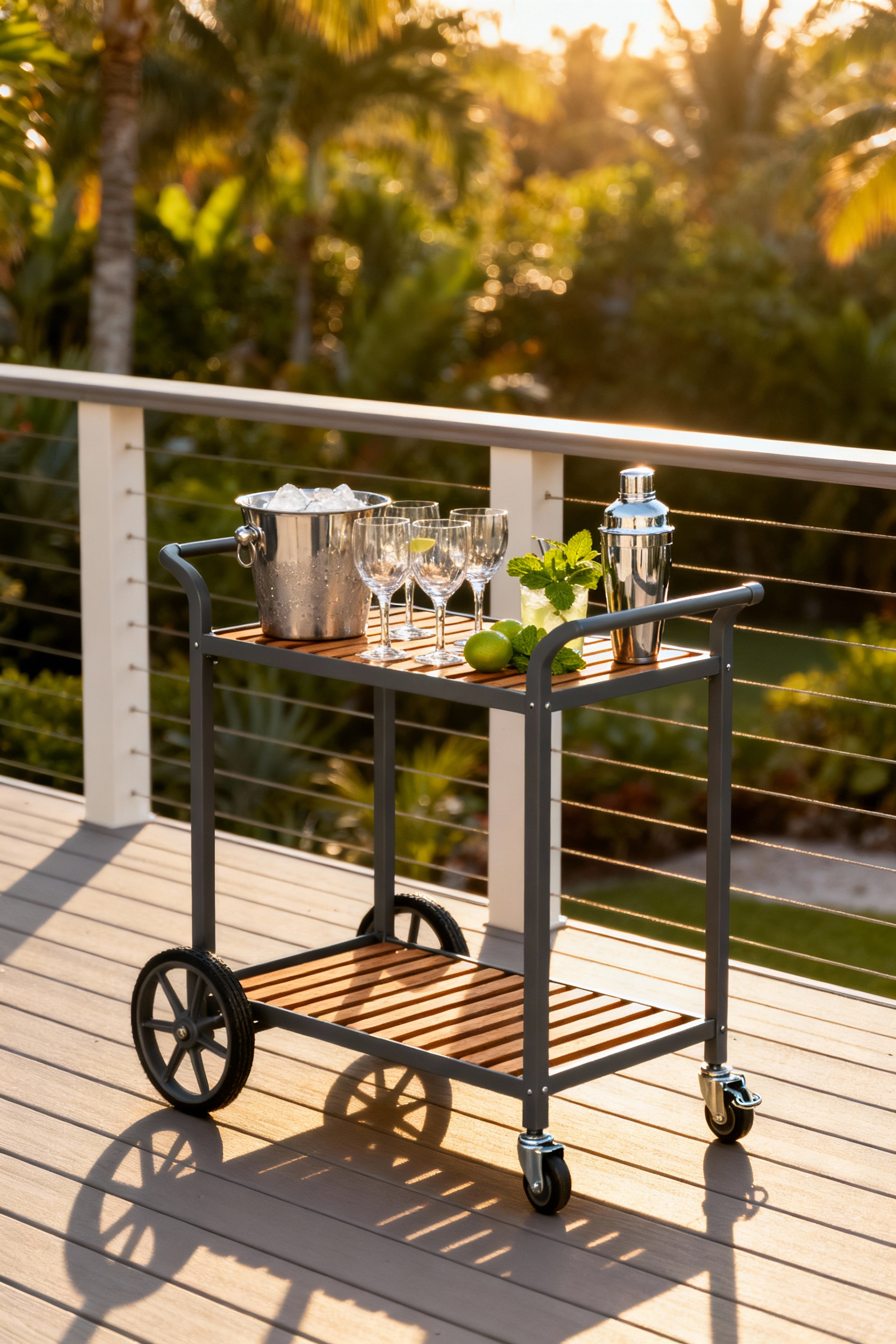 A photograph showcasing a durable galvanized steel and teak bar cart styled as an aesthetic beverage station on an outdoor composite deck during golden hour.