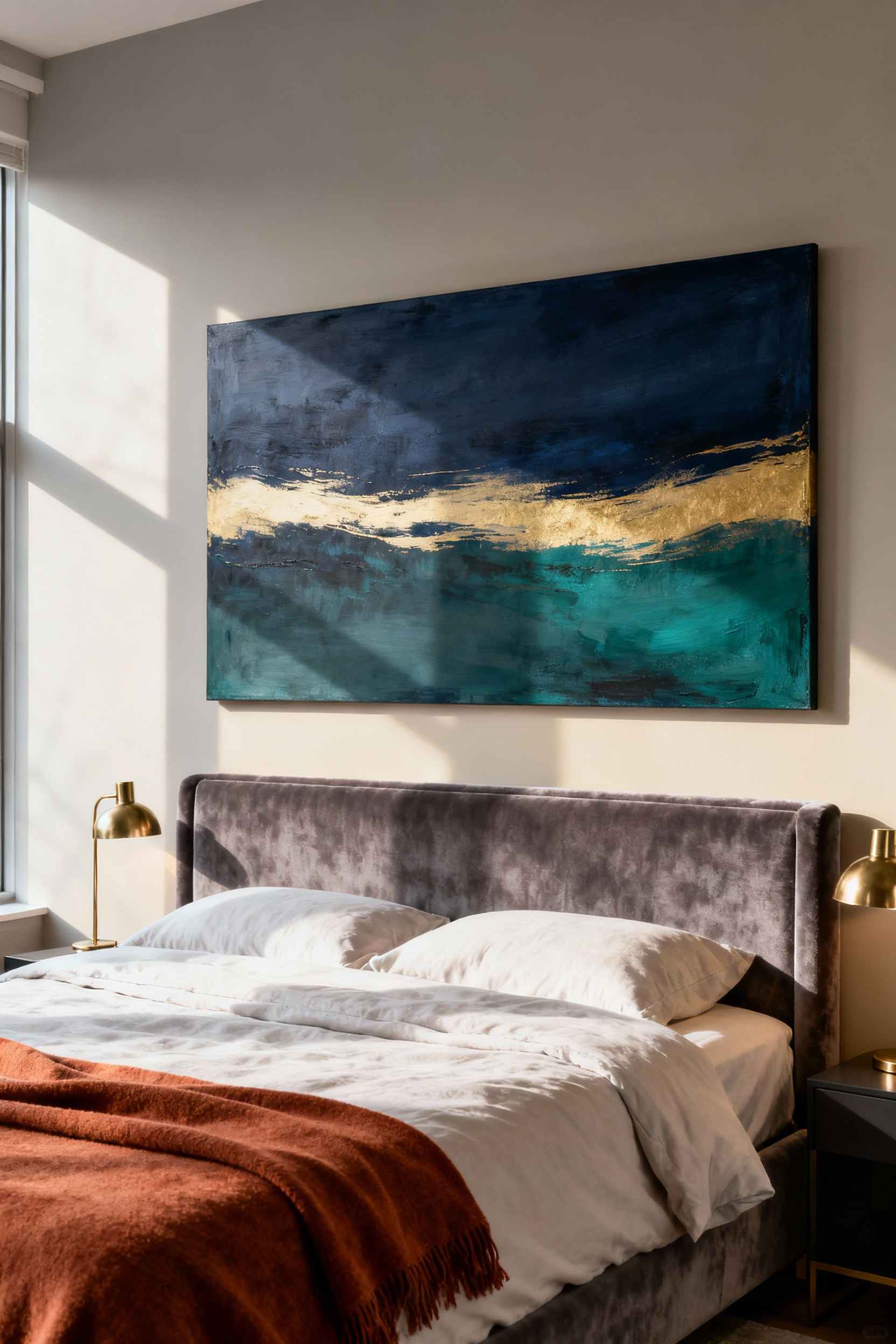 A luxurious bedroom interior with a large navy and teal abstract canvas acting as the 30% secondary color element above a cream-colored headboard.
