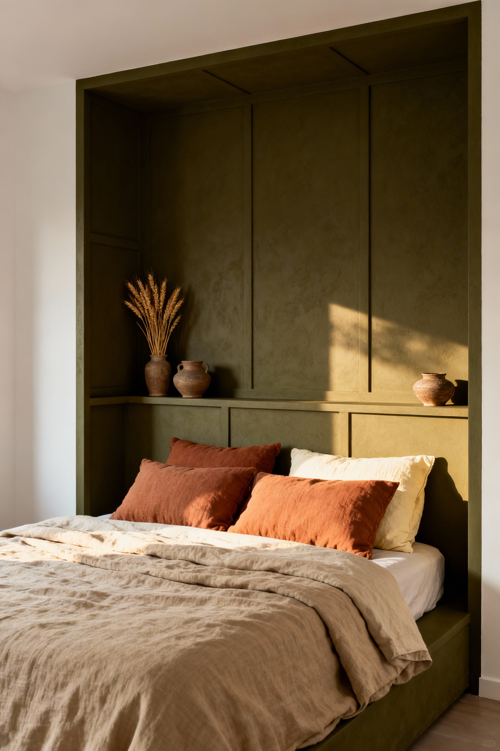 A deep olive green built-in bed nook demonstrating the refuge aspect of cozy design, featuring layered linen textures and soft golden hour light.