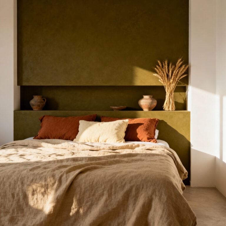 A deep olive green built-in bed nook demonstrating the refuge aspect of cozy design, featuring layered linen textures and soft golden hour light.