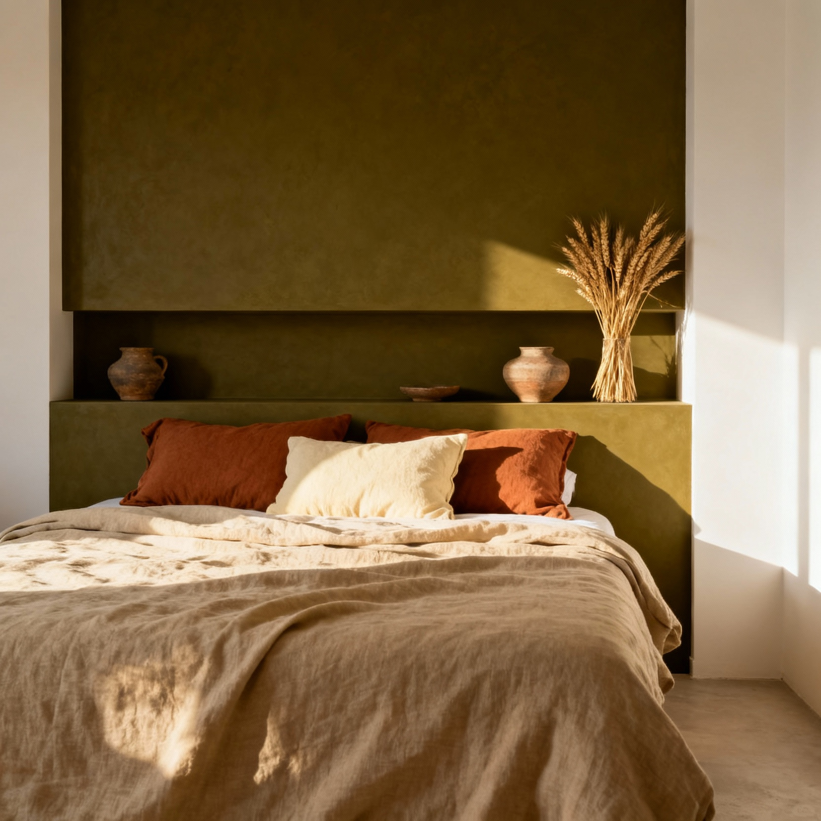 A deep olive green built-in bed nook demonstrating the refuge aspect of cozy design, featuring layered linen textures and soft golden hour light.