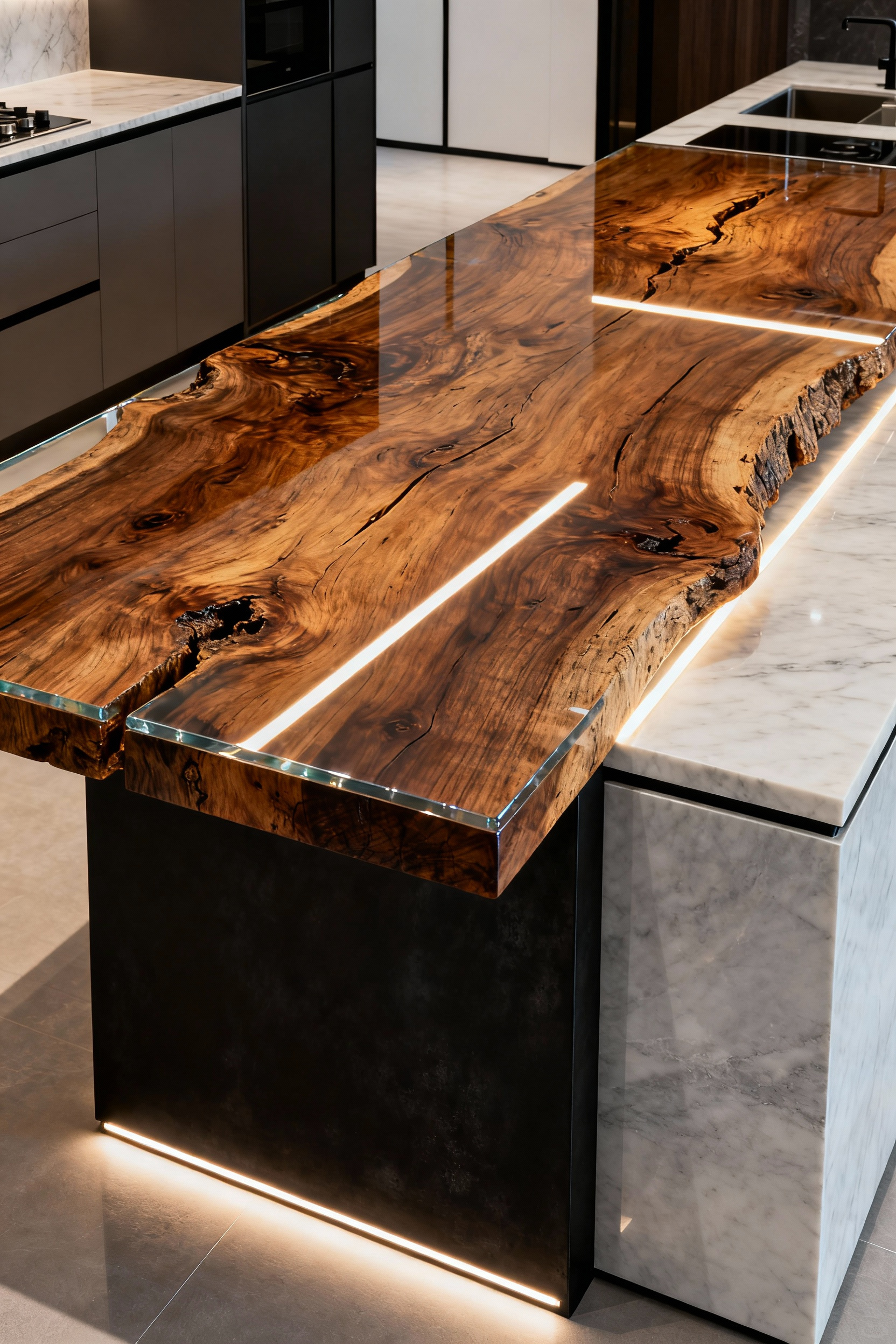 Luxurious kitchen island countertop made from reclaimed wood, featuring a high-gloss epoxy finish, contrasting with a sleek blackened steel base and modern white cabinetry. The unique wood grain is highlighted by subtle LED lighting.
