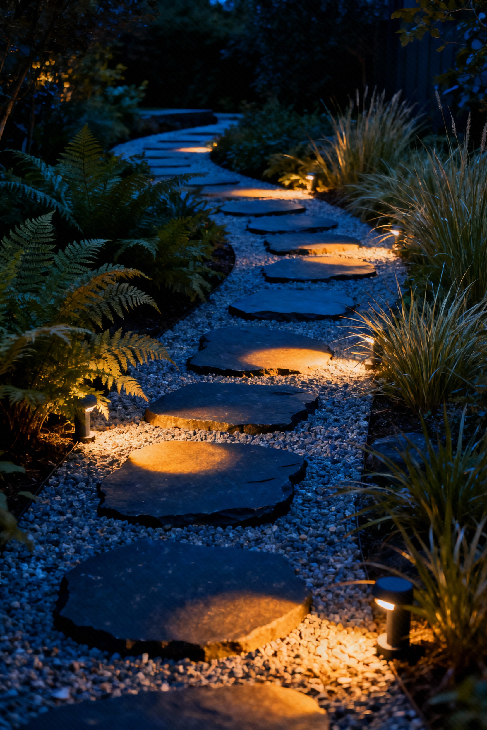 A spa-like garden path at twilight illuminated by discreet, ultra-warm, low-lumen path lights designed for gentle guidance without light pollution.