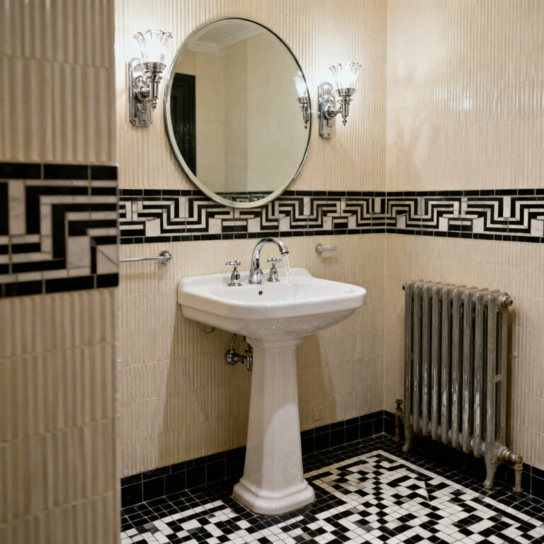 Luxurious Art Deco bathroom with white pedestal sink, chrome waterfall faucets, geometric black and white mosaic tile floor, and elegant cream-colored reeded wall tiles. Professional photo showing period-authentic design.