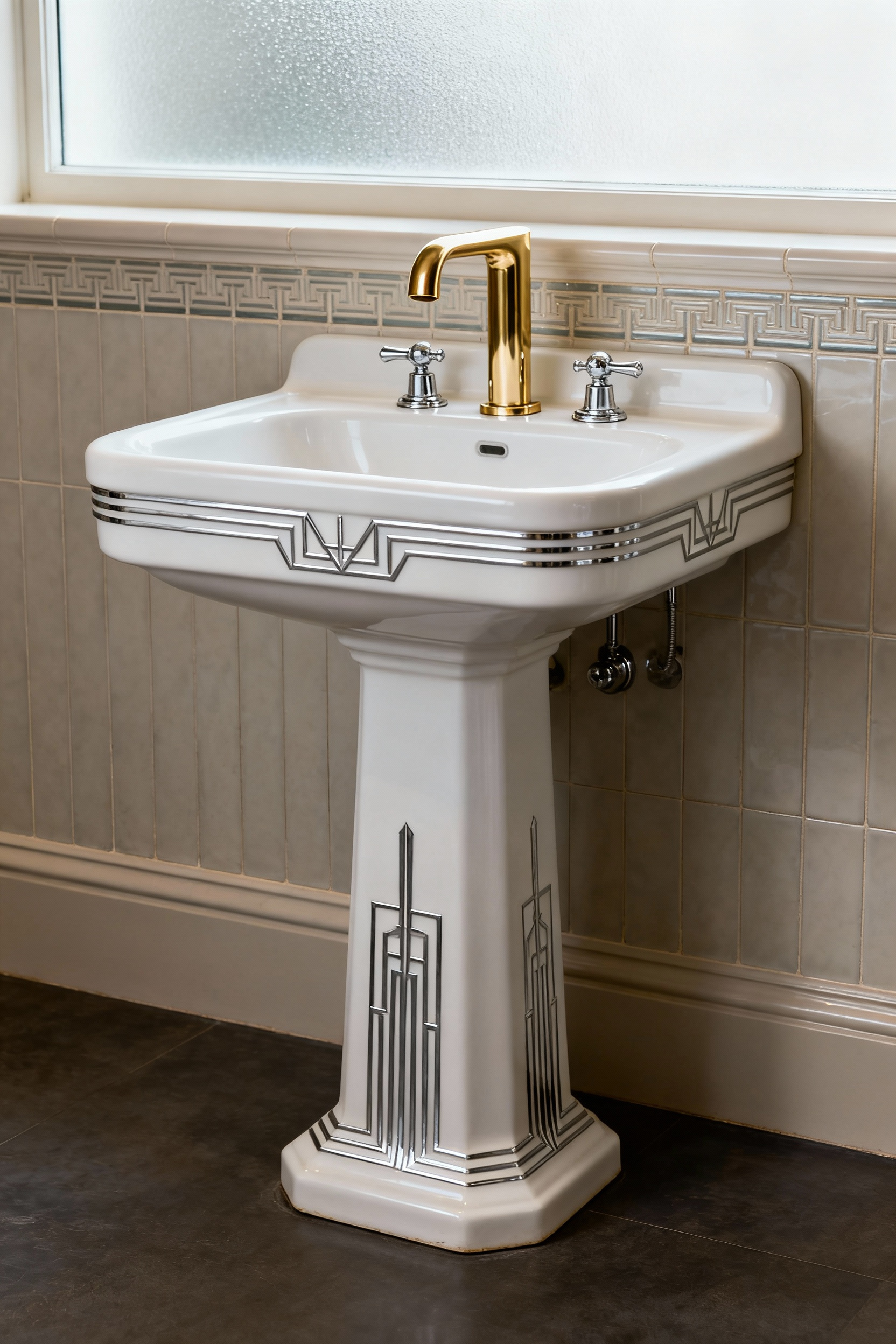A detailed view of an early 1930s Art Deco pedestal sink with an incongruous modern brass single-handle faucet, exemplifying an anachronism in vintage bathroom design, crucial for confronting aesthetic inconsistencies.