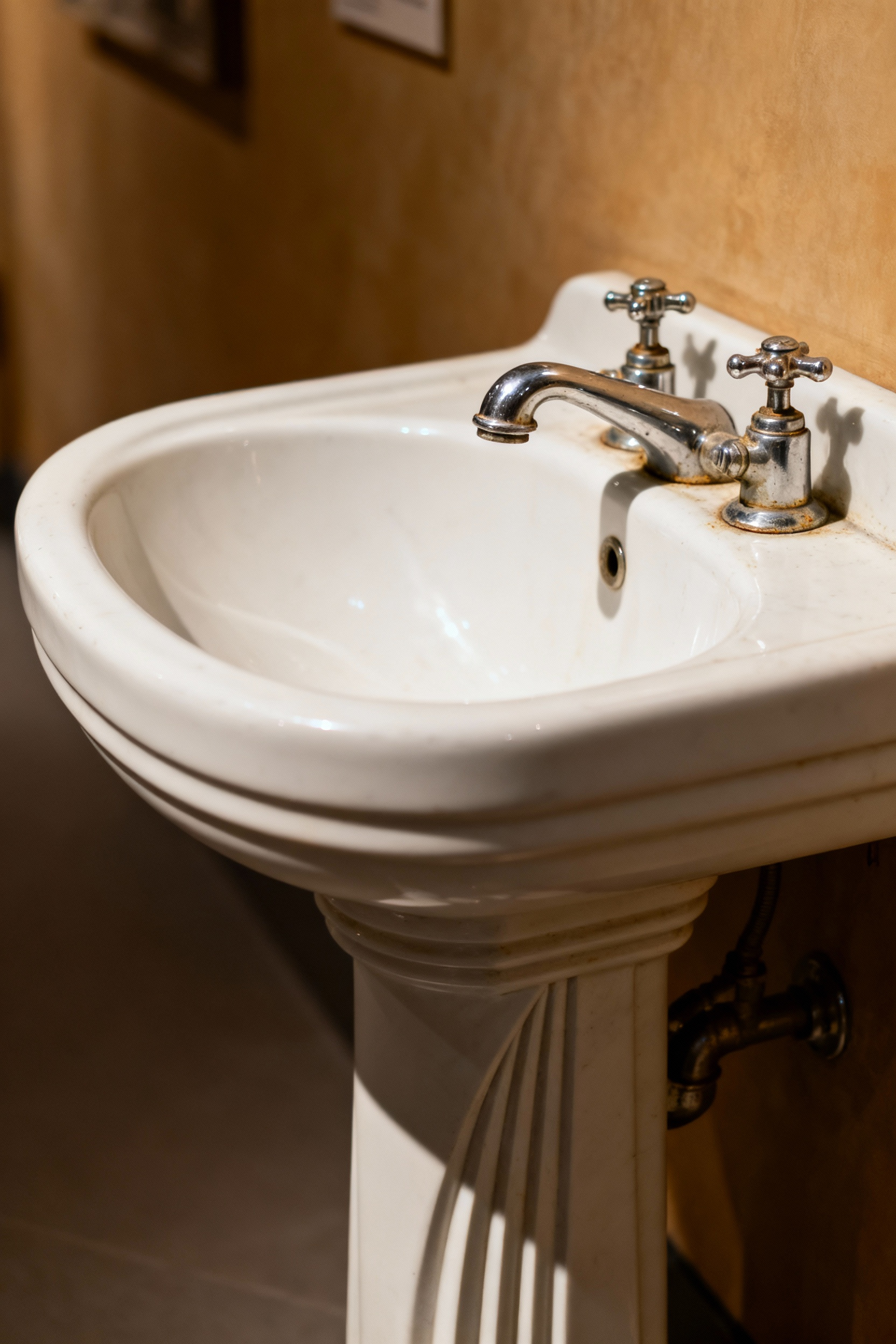 A detailed portrait shot of an authentic Art Deco white porcelain pedestal sink with original chrome fixtures, showcasing subtle patina and expert craftsmanship, highlighted by soft natural light.