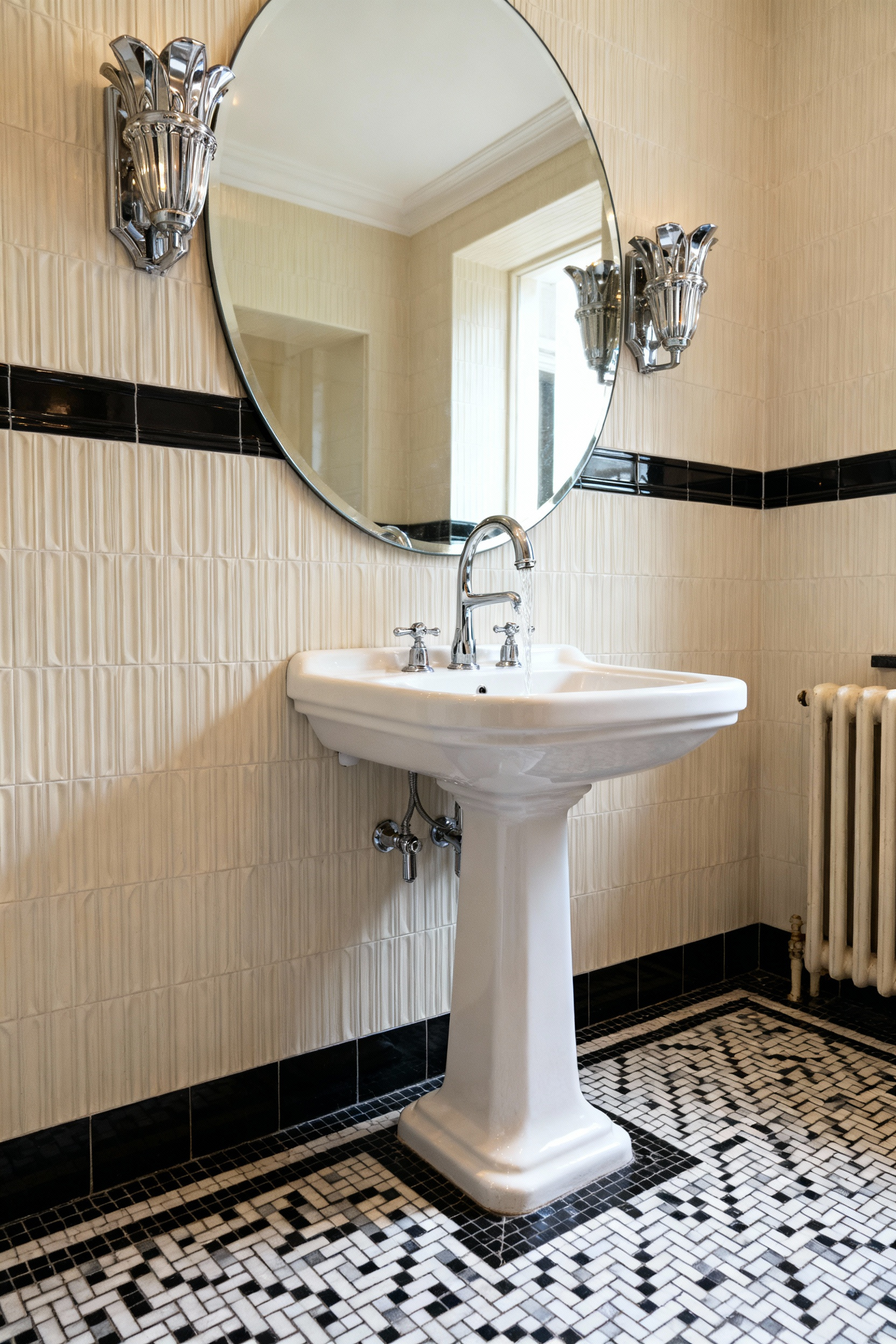 Luxurious Art Deco bathroom with white pedestal sink, chrome waterfall faucets, geometric black and white mosaic tile floor, and elegant cream-colored reeded wall tiles. Professional photo showing period-authentic design.