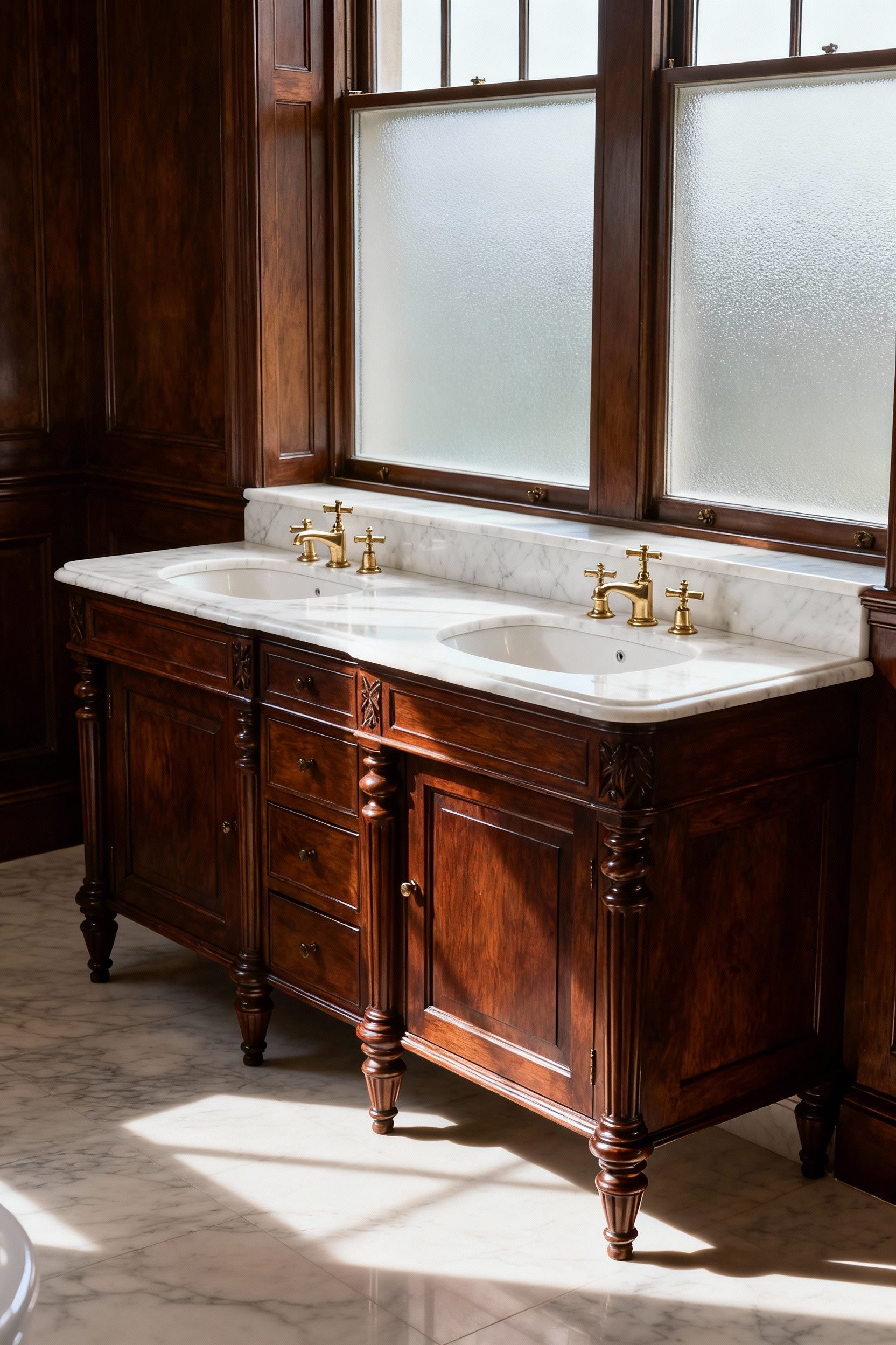 An elegant, dark mahogany Edwardian period-authentic bespoke double vanity with a white marble top, brass fixtures, and intricate carvings in a luxurious vintage bathroom.