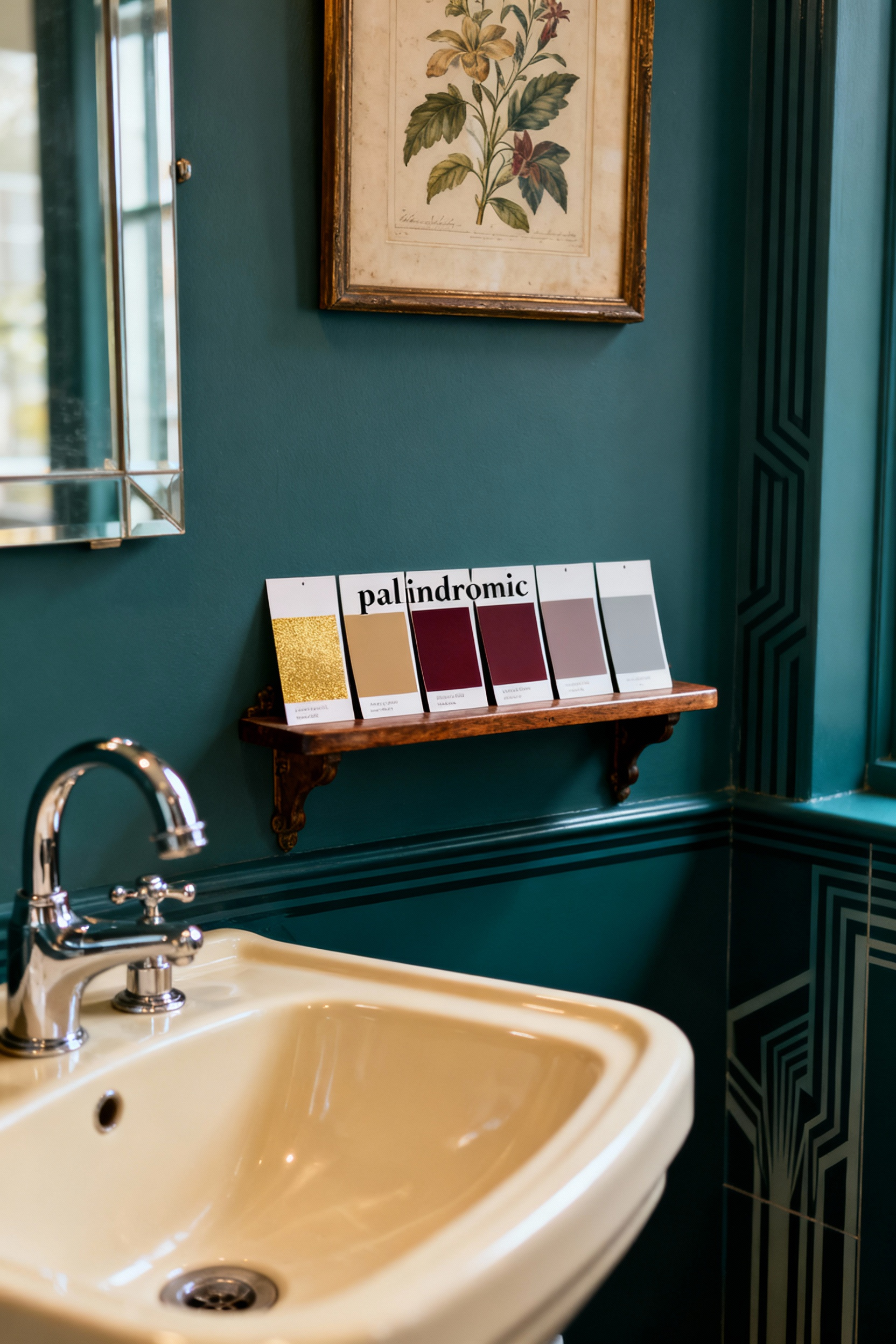 Close-up of historical paint swatches fanned out on an antique shelf in a vintage-inspired bathroom with a deep teal wall, showing curated palindromic color schemes.