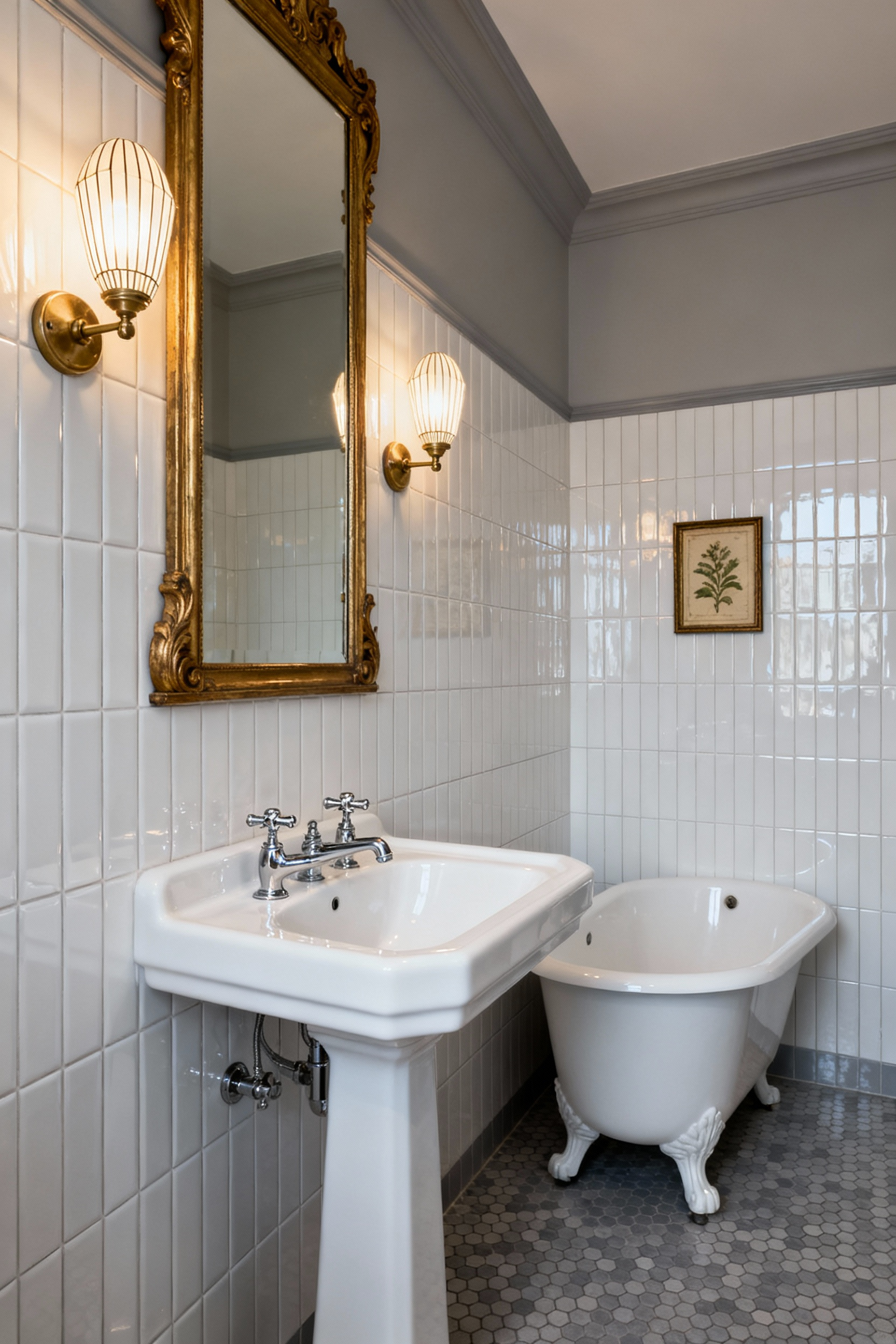 Elegant compact vintage bathroom with a white pedestal sink, large ornate mirror, polished metro tiles, and a small slipper clawfoot tub, illuminated by vintage sconces.