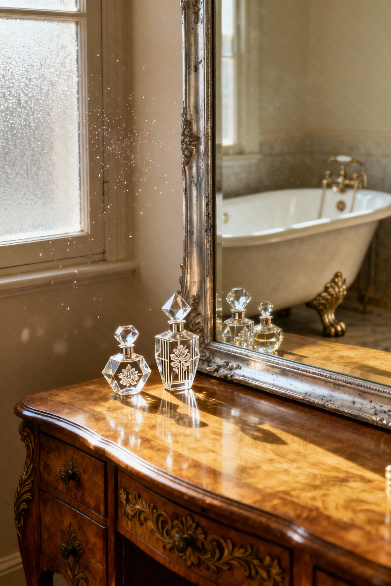 A close-up of a vintage bathroom vignette featuring antique scent bottles on a wooden dressing table, reflecting an ornate mirror and clawfoot tub, embodying a personalized vintage bathroom design.