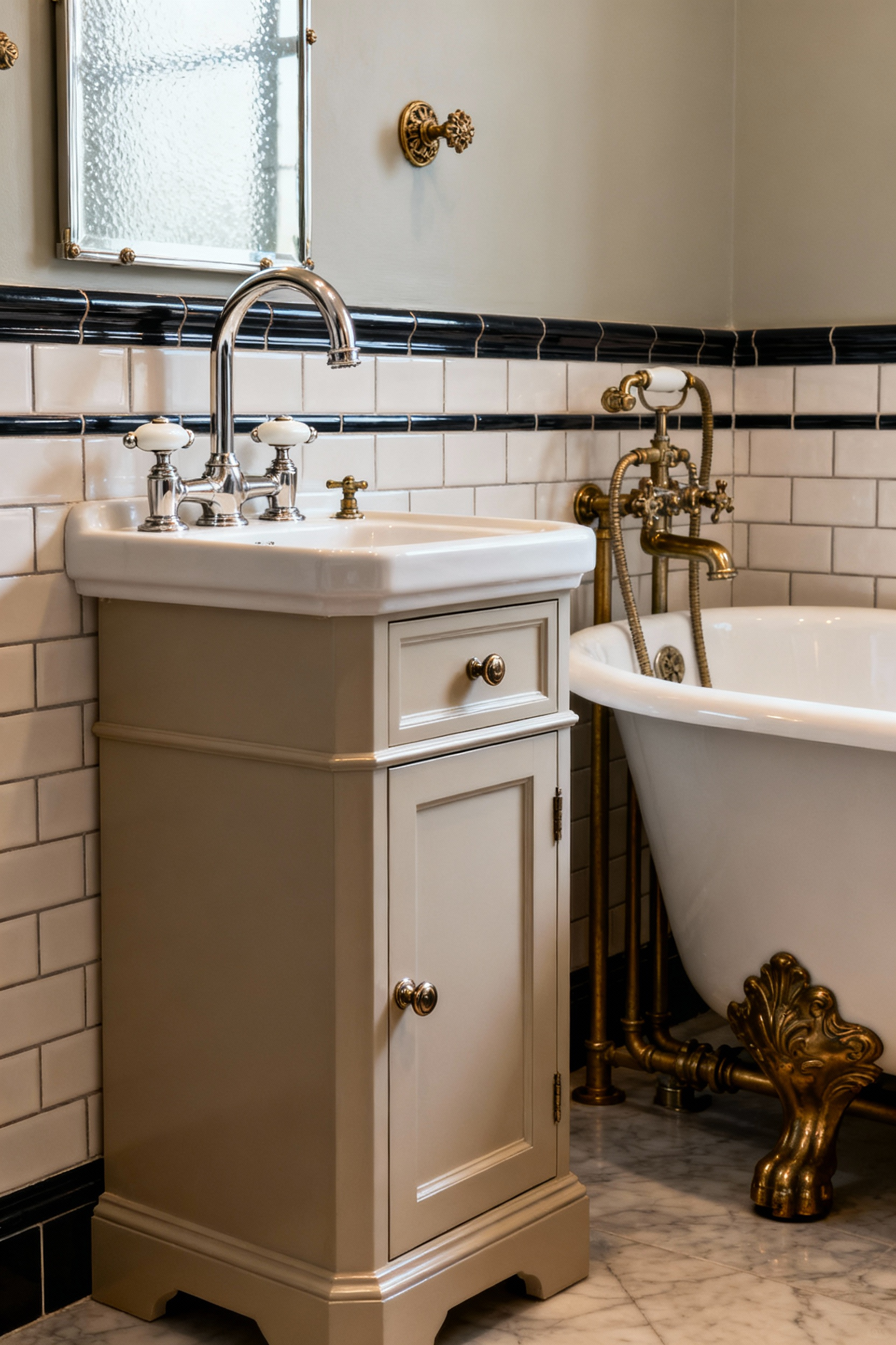 A meticulously designed vintage bathroom interior featuring a polished nickel bridge faucet, a console sink with period-appropriate hardware, and intricate ornamental accents that elevate historical fidelity. Emphasis on vintage bathroom hardware, historical plumbing fixtures, and authentic design.