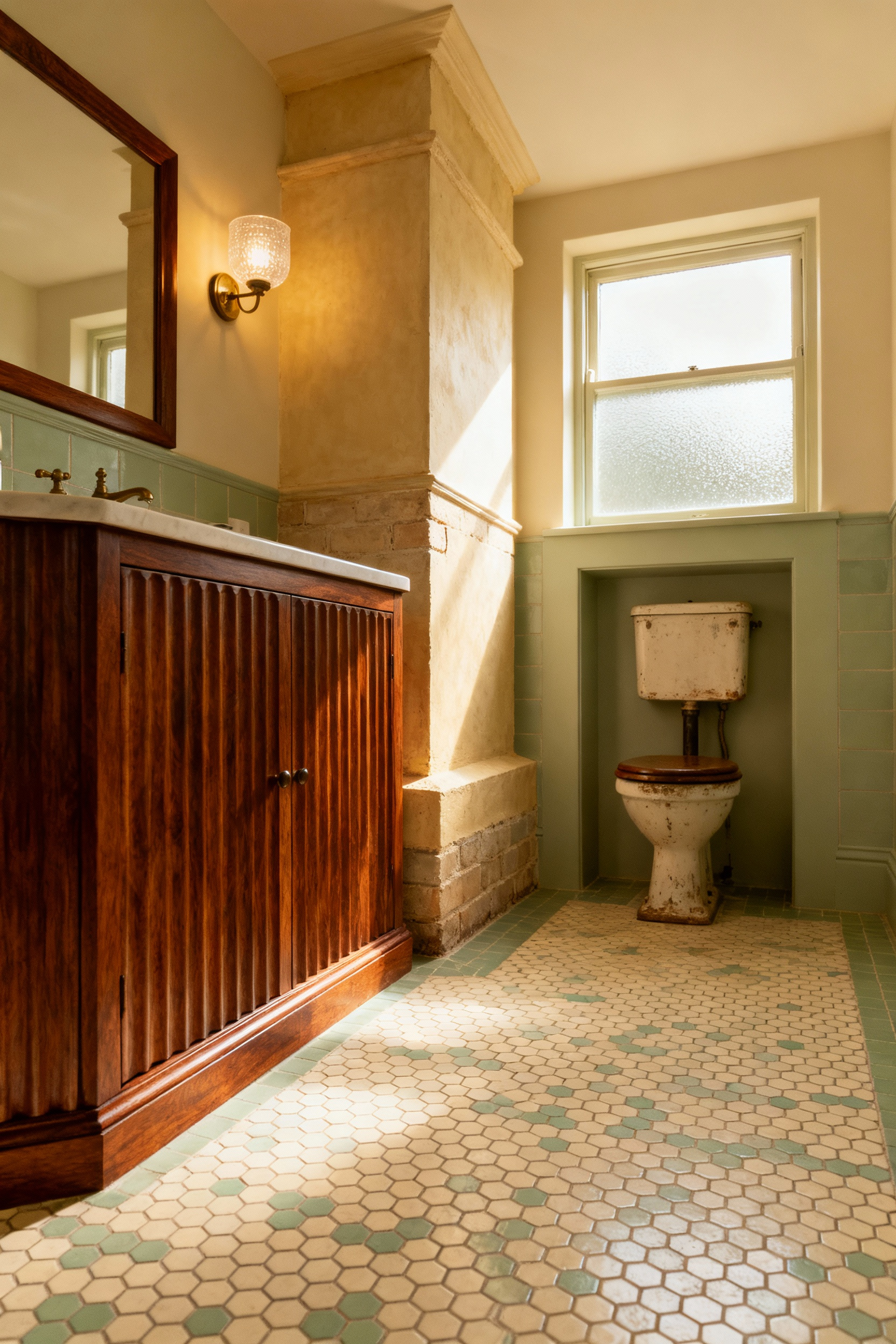 Vintage bathroom with a custom fluted timber vanity built around a chimney breast and a high-cistern W.C. in an alcove, showcasing design for challenging layouts.