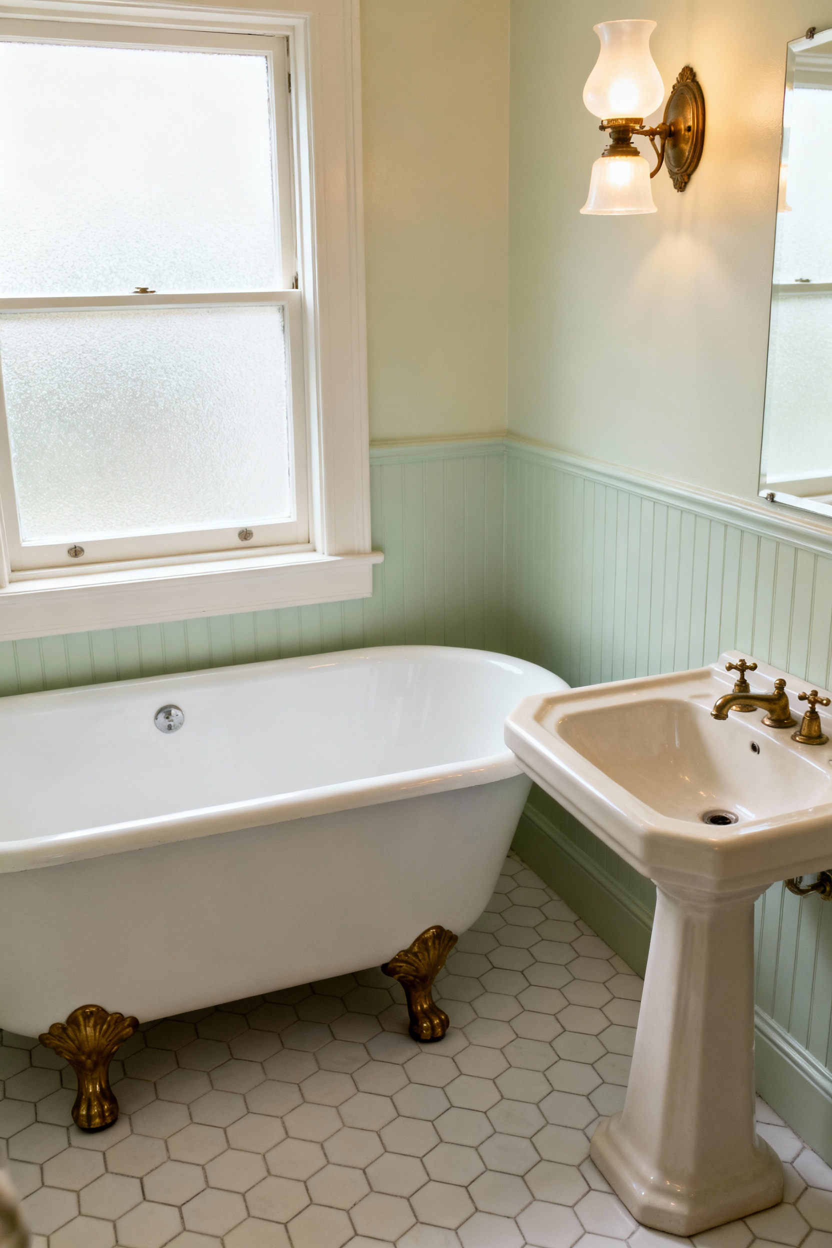Vintage bathroom showcasing an authentic restored clawfoot tub and a high-quality reproduction pedestal sink with hex-tile floor.