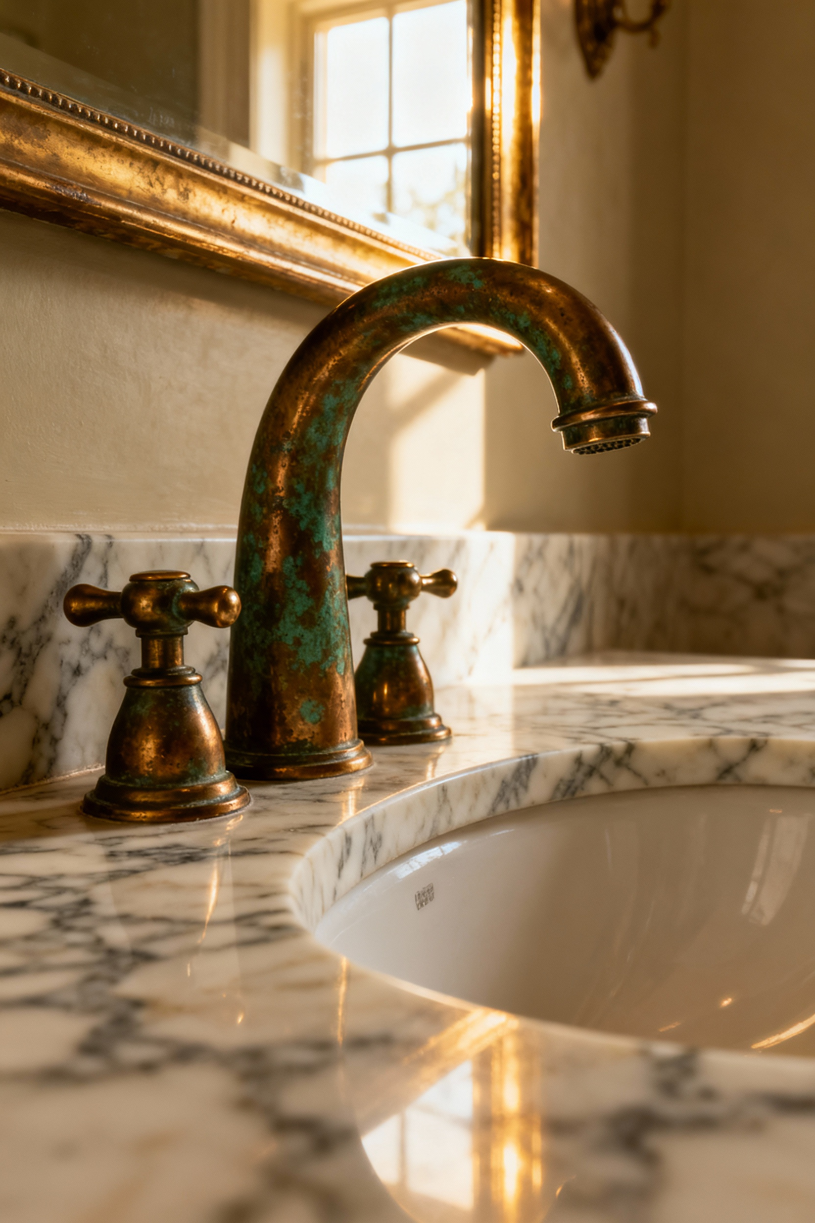 A close-up portrait shot of an antique solid brass widespread faucet with a rich, mottled green-brown patina, set against a pristine white Calacatta marble countertop in a vintage-inspired bathroom.