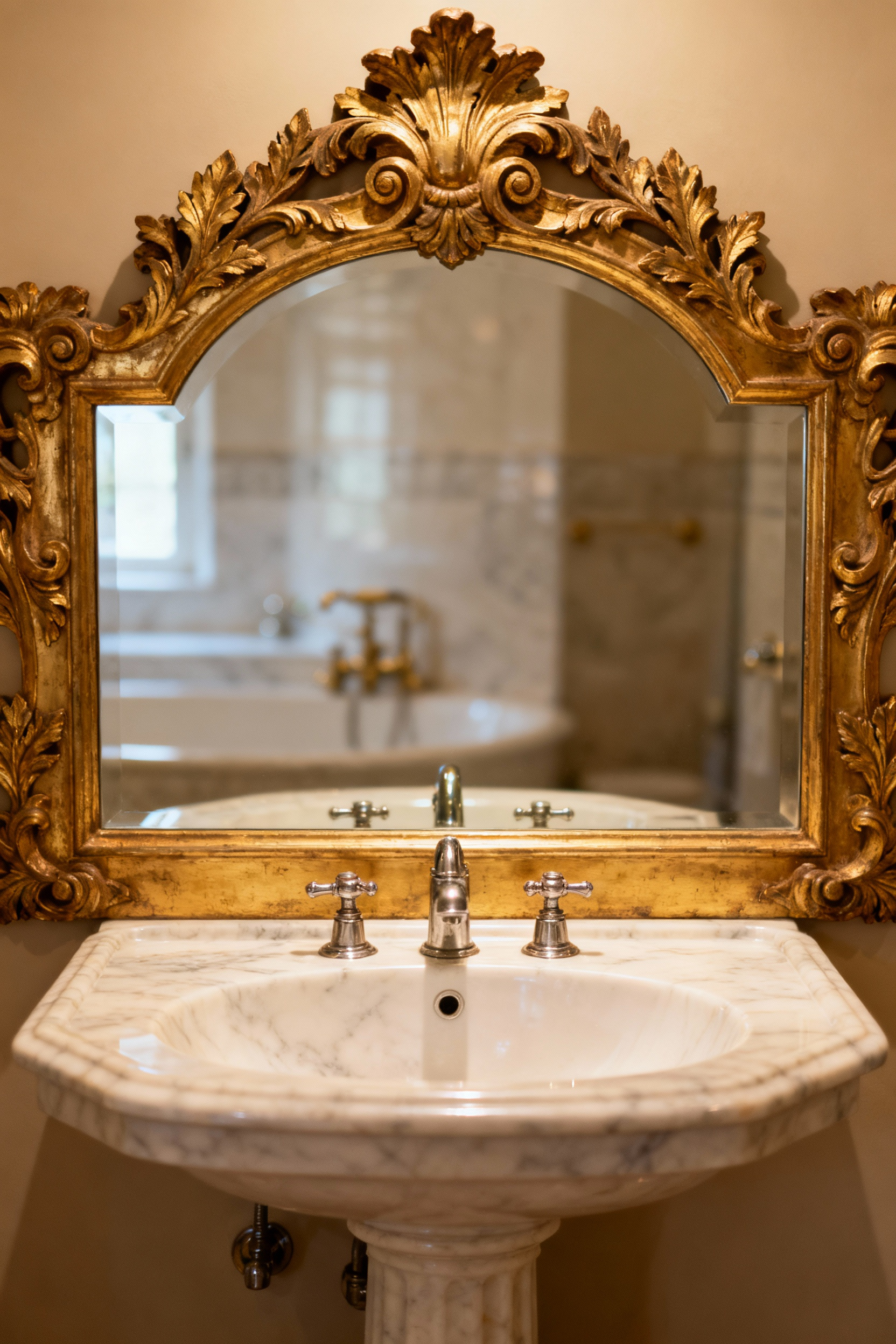 Ornate gilded Rococo Revival mirror in a vintage bathroom, reflecting light and creating an illusion of expanded space.